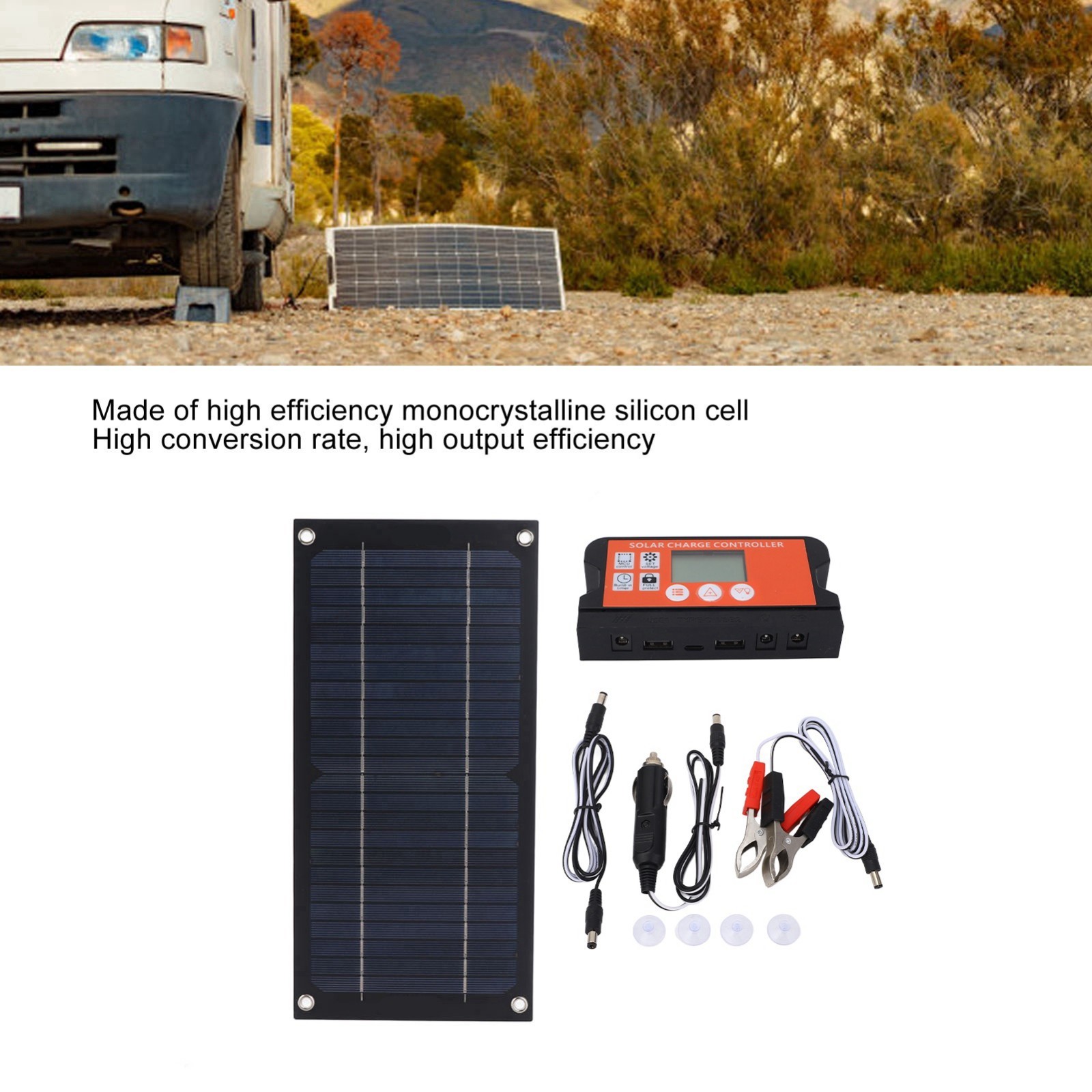 Solar Panel Charger with 100A Controller, Extension Cable & Clips for RV Camping