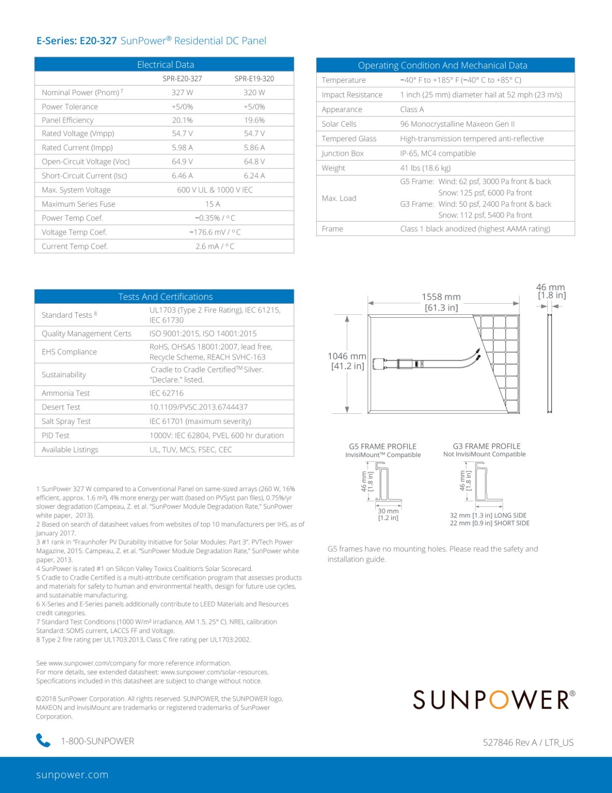 327W SunPower E-Series SPR-E20-327 PRE-OWNED Solar panel [G3 or G5 Invisimount]