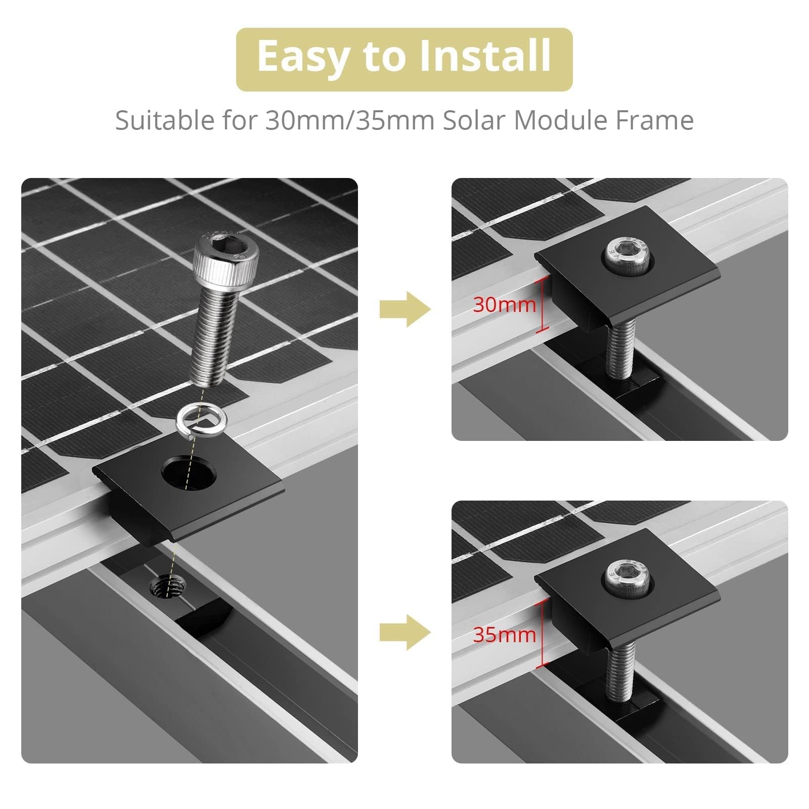 10pcs Solar Panels Centre Clamps, Aluminium T-Shaped Mid Clamps 30mm/35mm Sol…