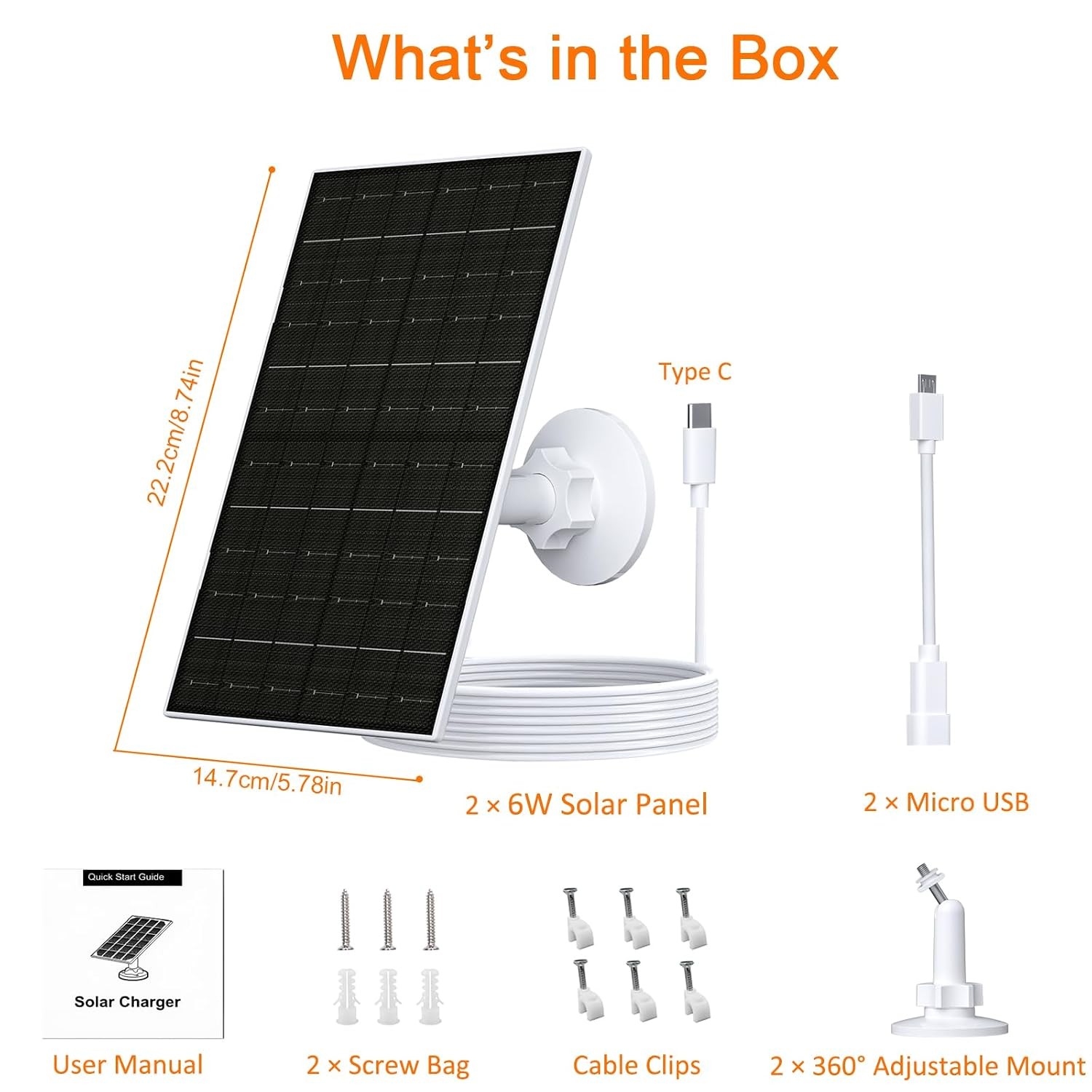 6W Solar Panel Charger for Arlo Camera 5V USB Type C Solar Power Security