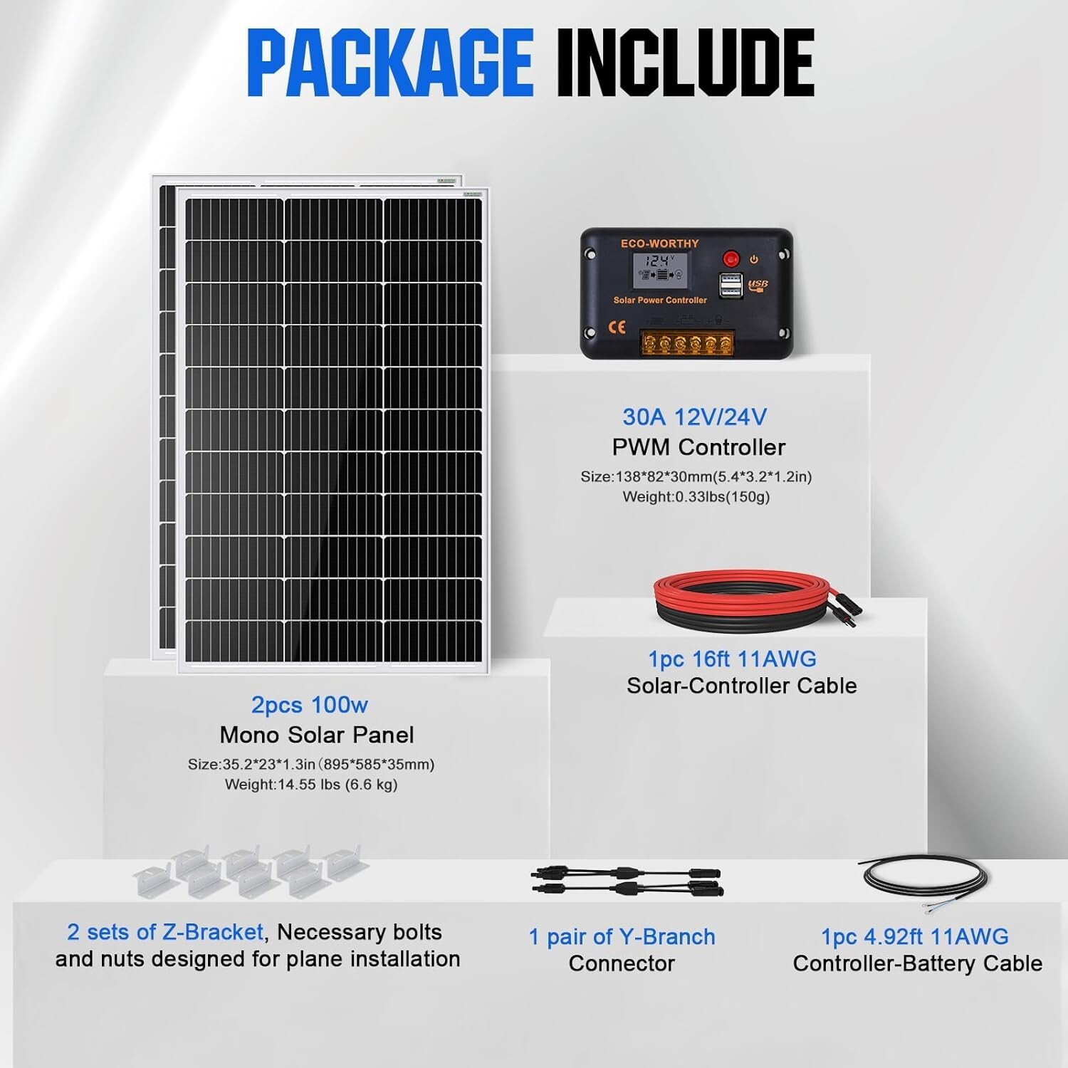 200 Watts 12 Volt/24 Volt Solar Panel Kit with High Efficiency Monocrystallin…