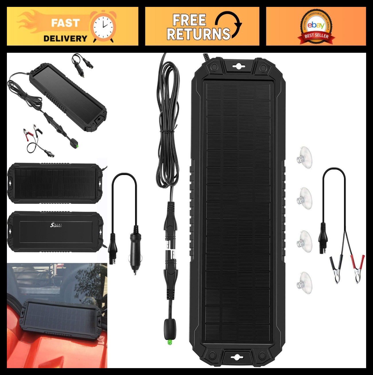 5W 12V Solar Panel Car Battery Charger & Maintainer – Waterproof for RV, Boat, T