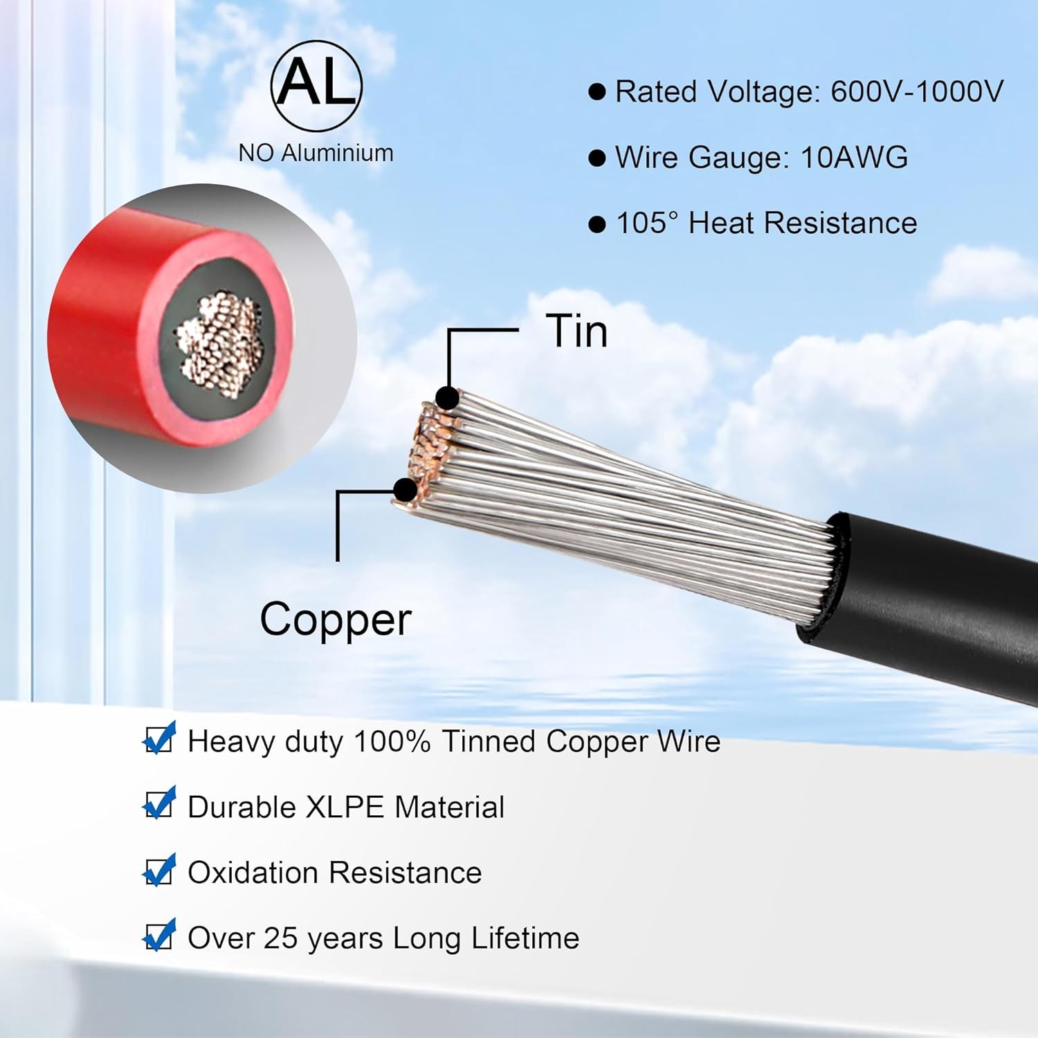 50 FT 10AWG Solar Panel Extension Cable,10 Gauge Extension Cord,5FT 10FT 20FT 30