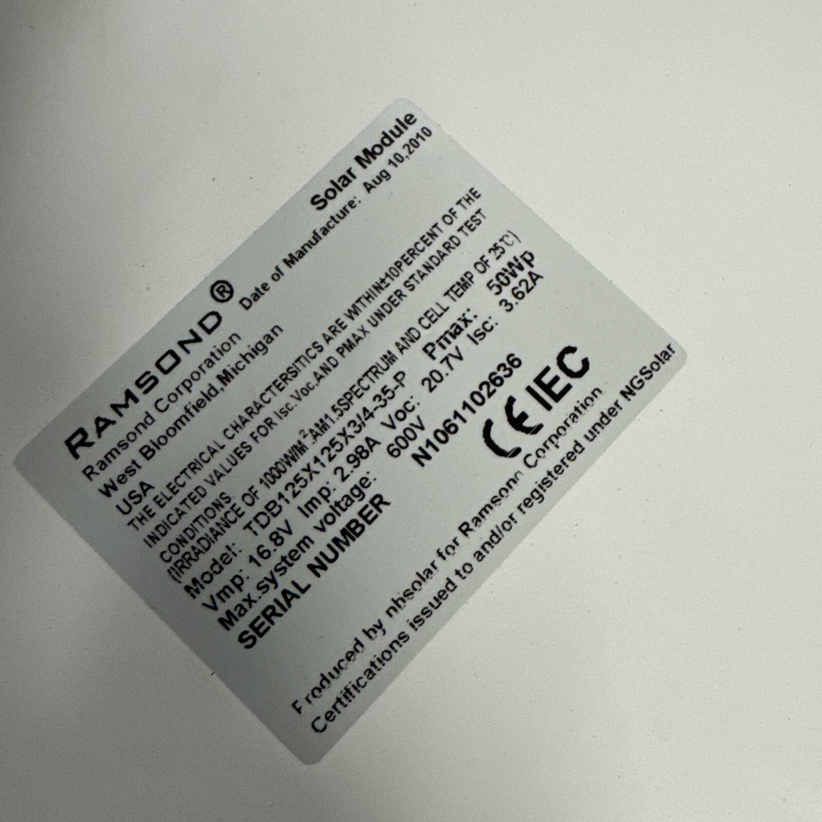 3 Lot – RAMSOND Solar Module 21” X 24.5” Pmax:50Wp Vmp: 16.8V Imp: 2.98A New!!