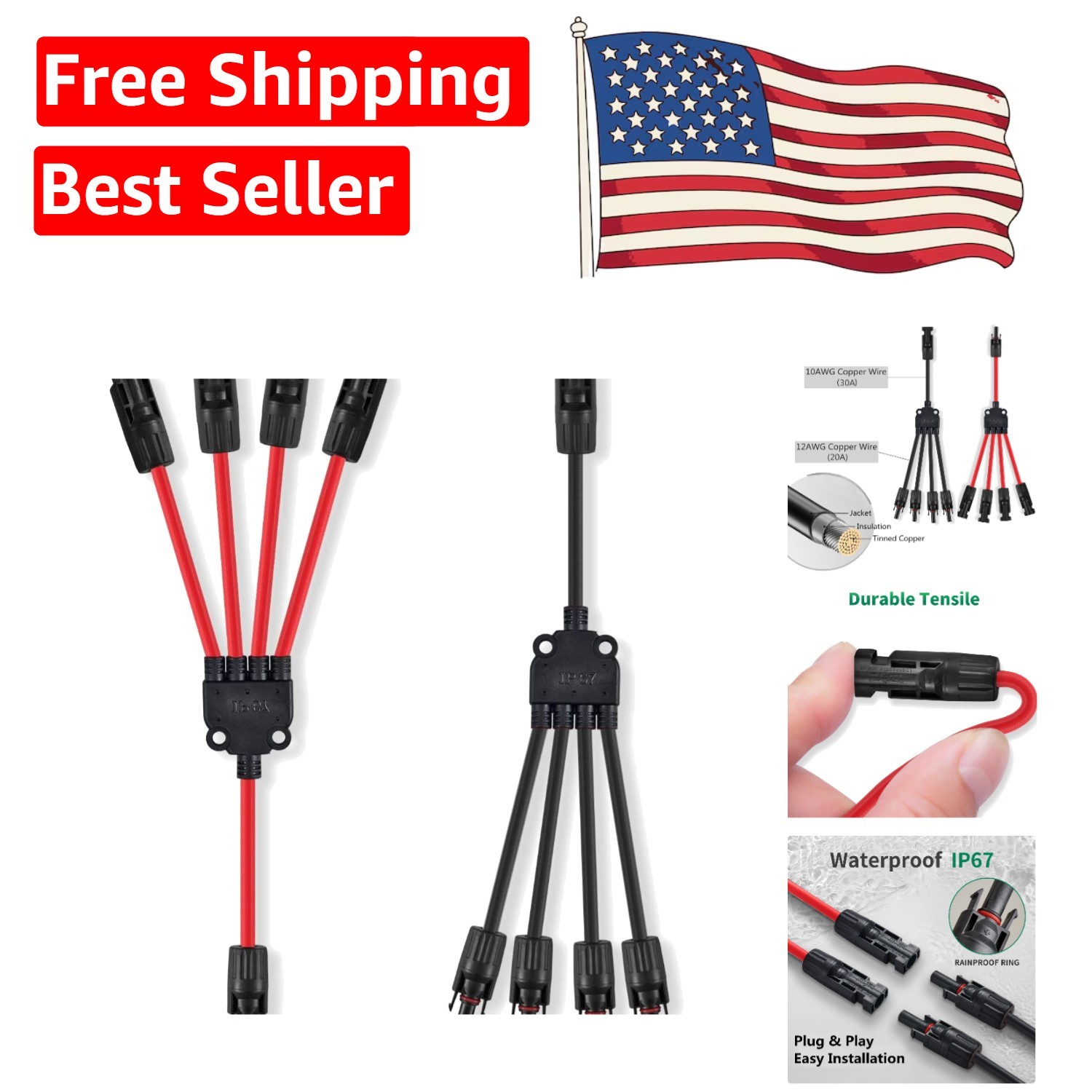Plug & Play 4-to-1 Solar Panel Connector Y Adapter – Red & Black Dual Insulation
