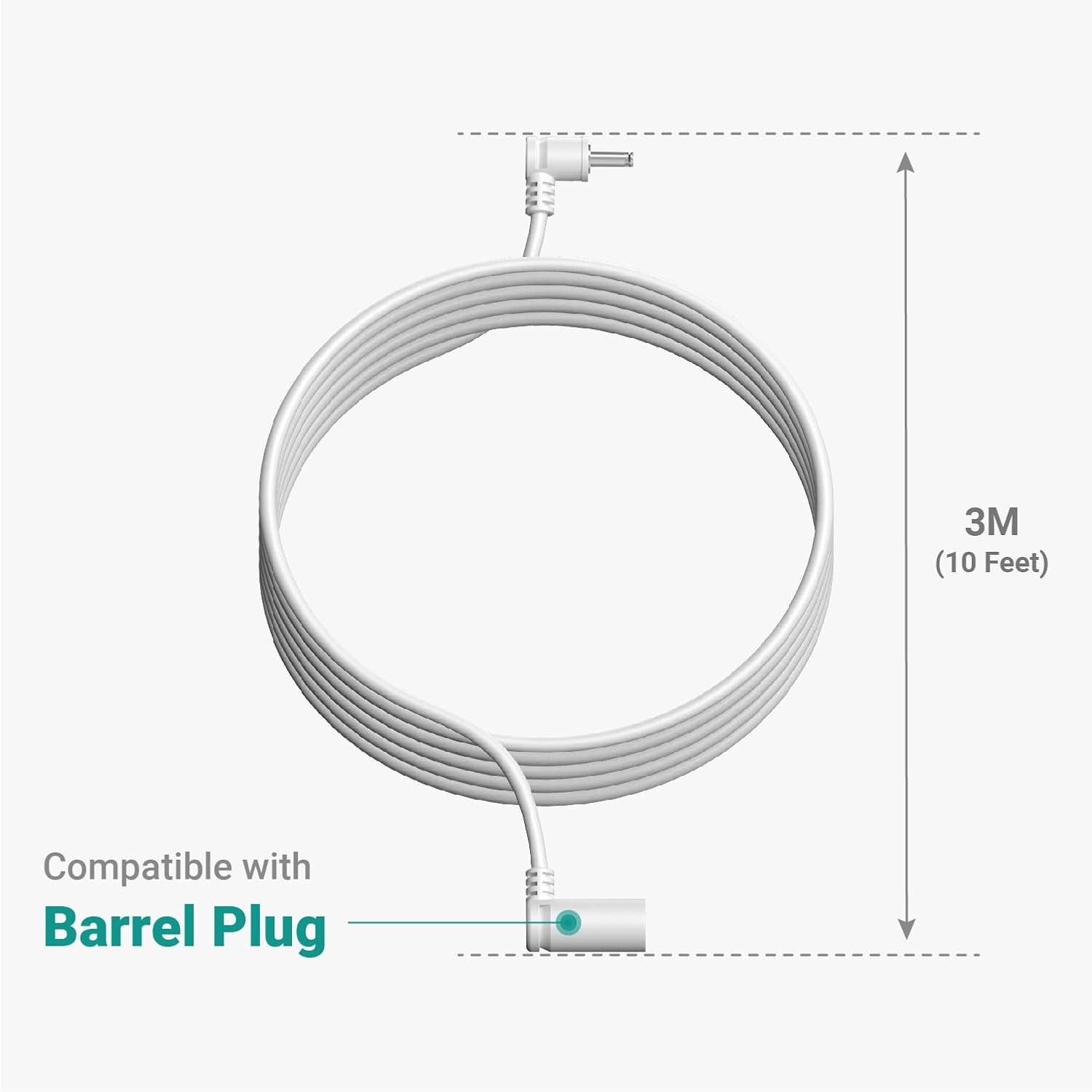 10 Ft. Barrel Plug Extension Cable – Compatible with Ring Solar Panel and Super