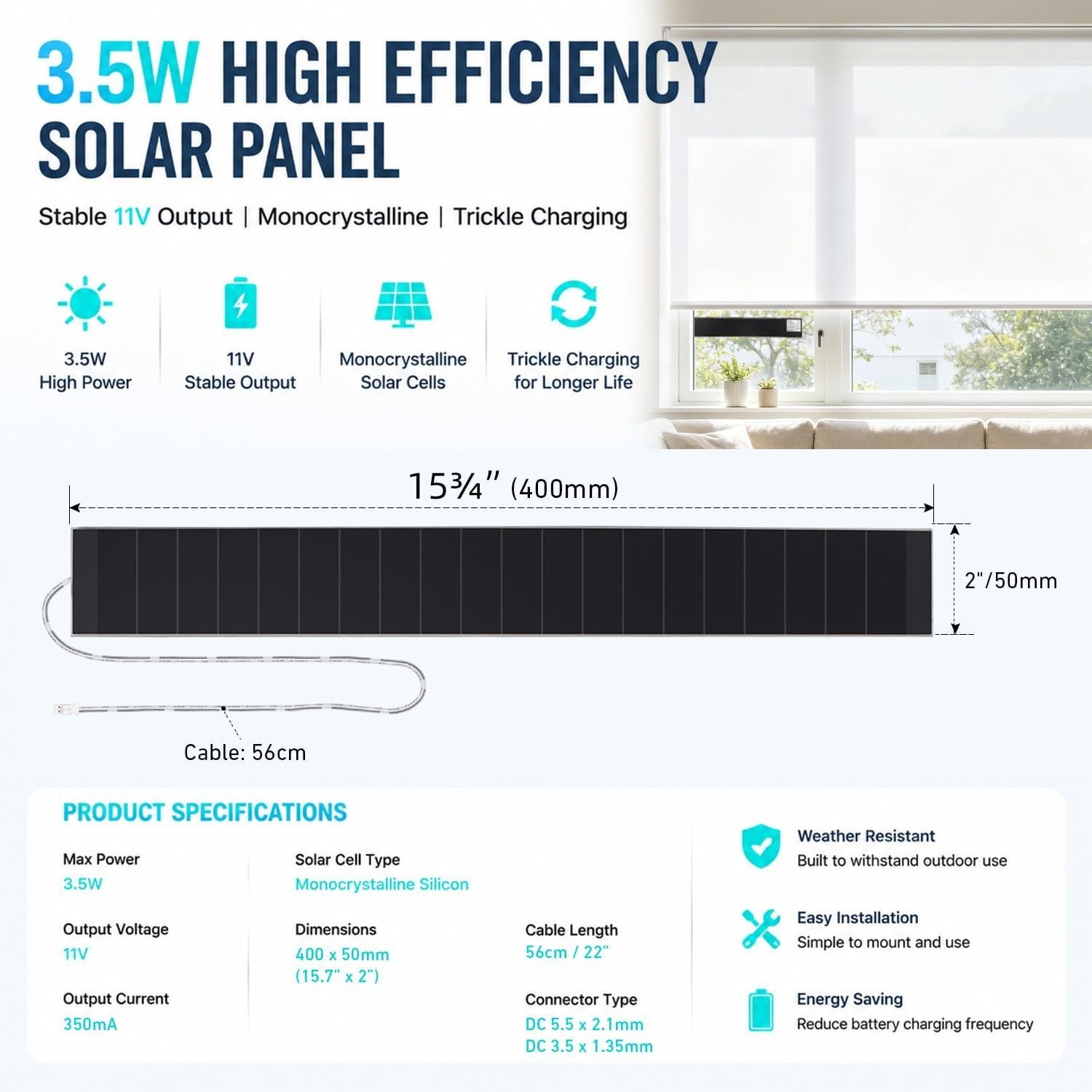 8.4V Solar Panel Charger for Motorized Roller Shades – 3.5W / 11W High Effici…
