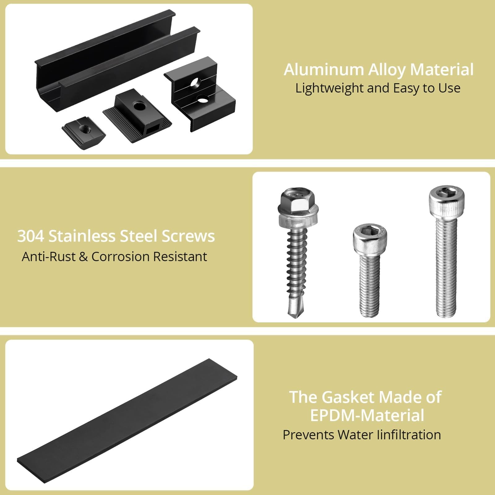 Aluminium Solar Panel Mounting Rail & Adjustable Clamps Bracket Kit 6PC Black