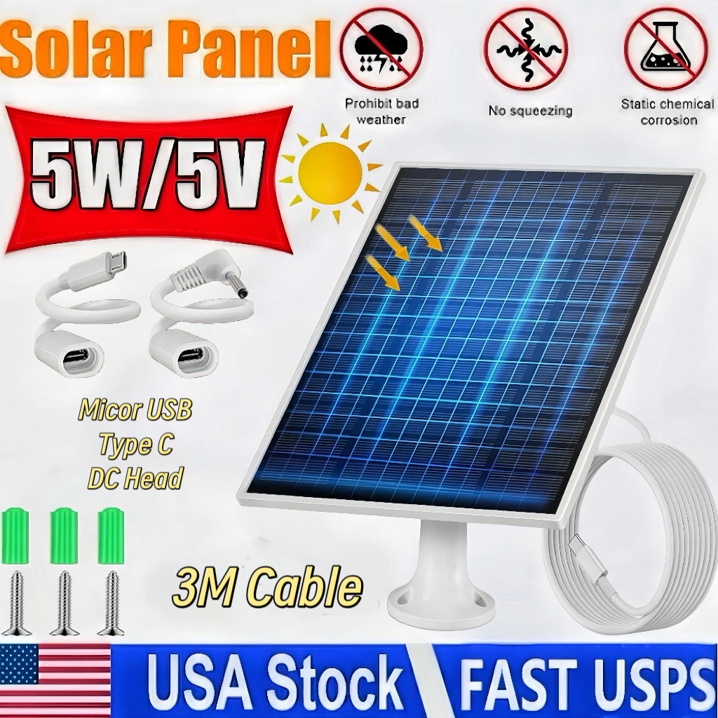 5W Solar Panel for Ring Camera Micro USB Type-C DC Port Outdoor Battery Charger