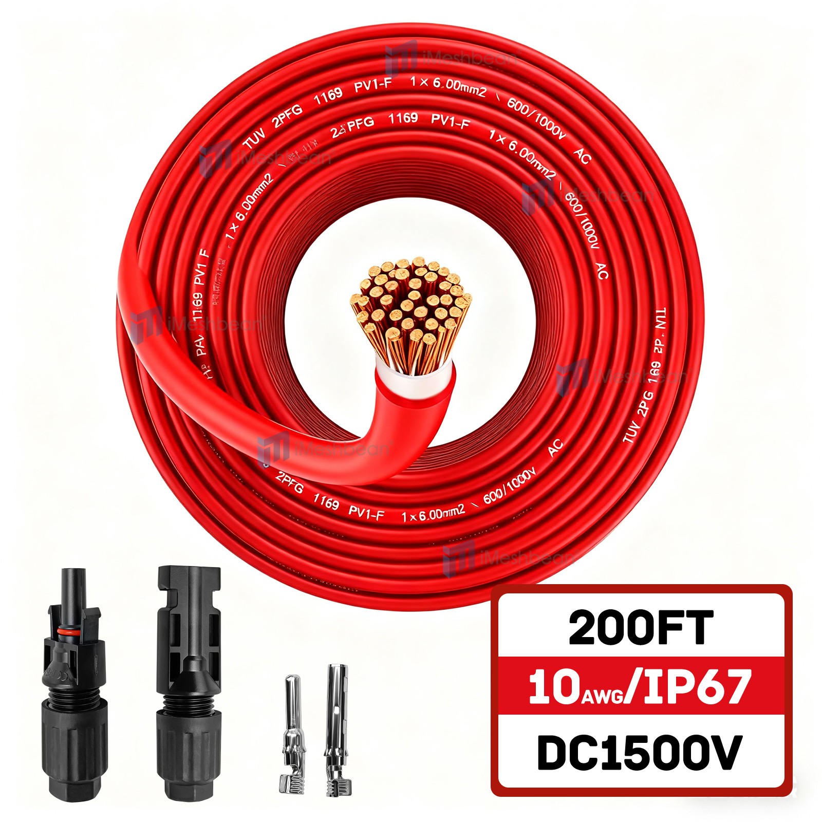 200FT 10AWG Red Solar Panel Extension Cable PV Wire Waterproof Solar Connectors