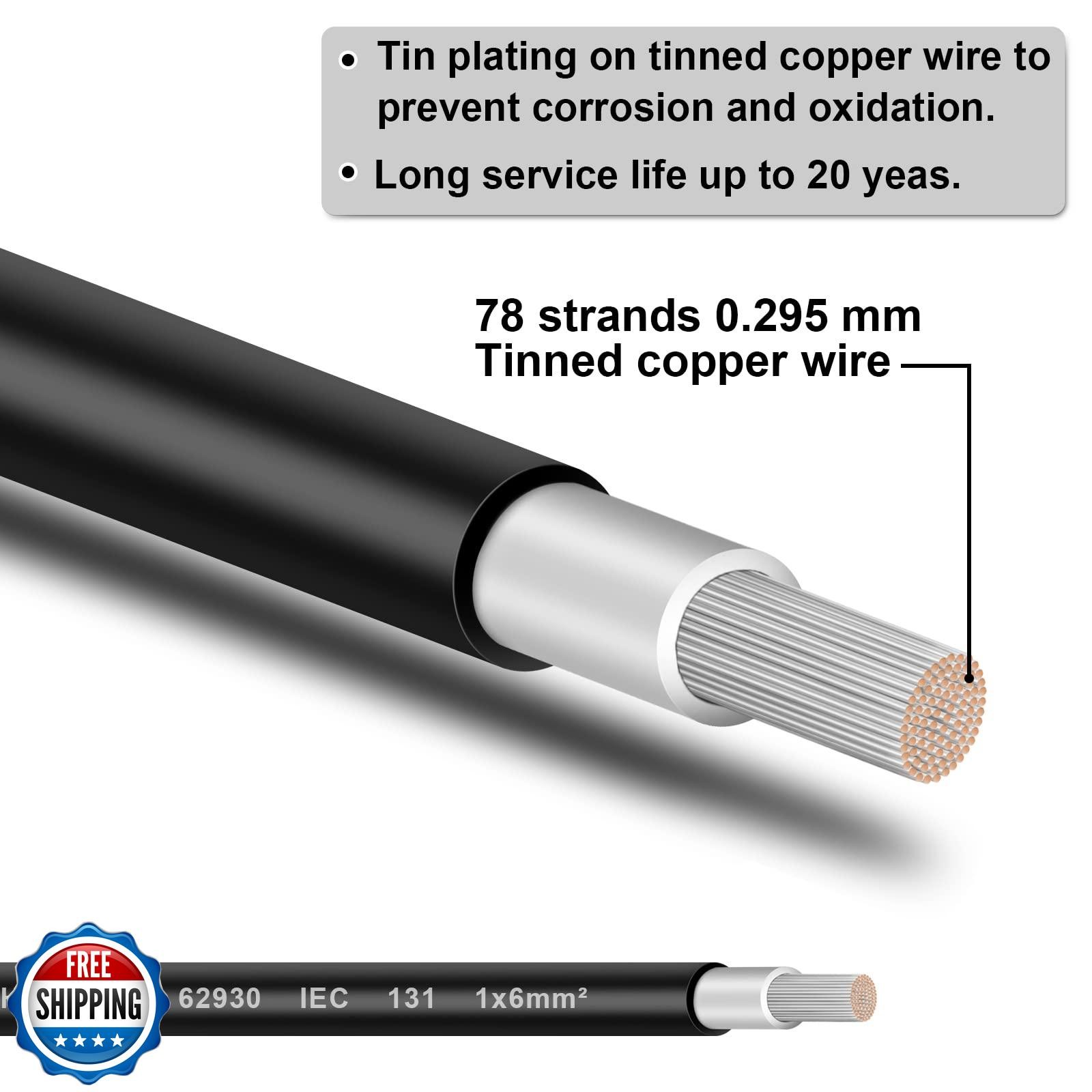 Shirbly Solar Panel Wire – 200FT Black Tinned Copper Wire, 10AWG (6mm²) PV Wi