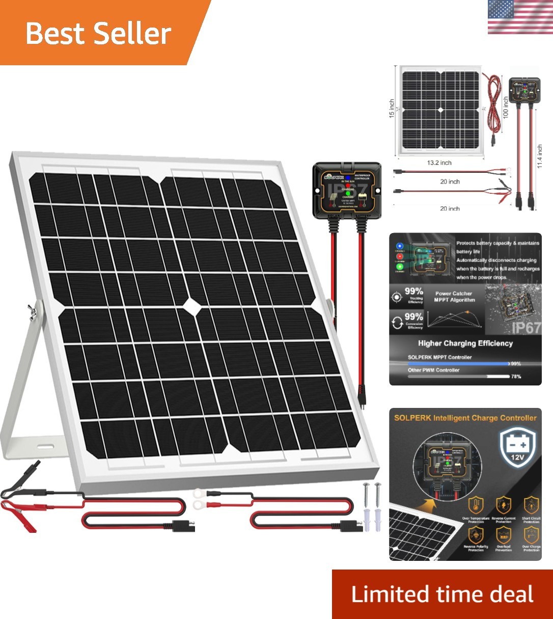 20W Monocrystalline Solar Panel Kit – Battery Maintainer with Adjustable Bracket