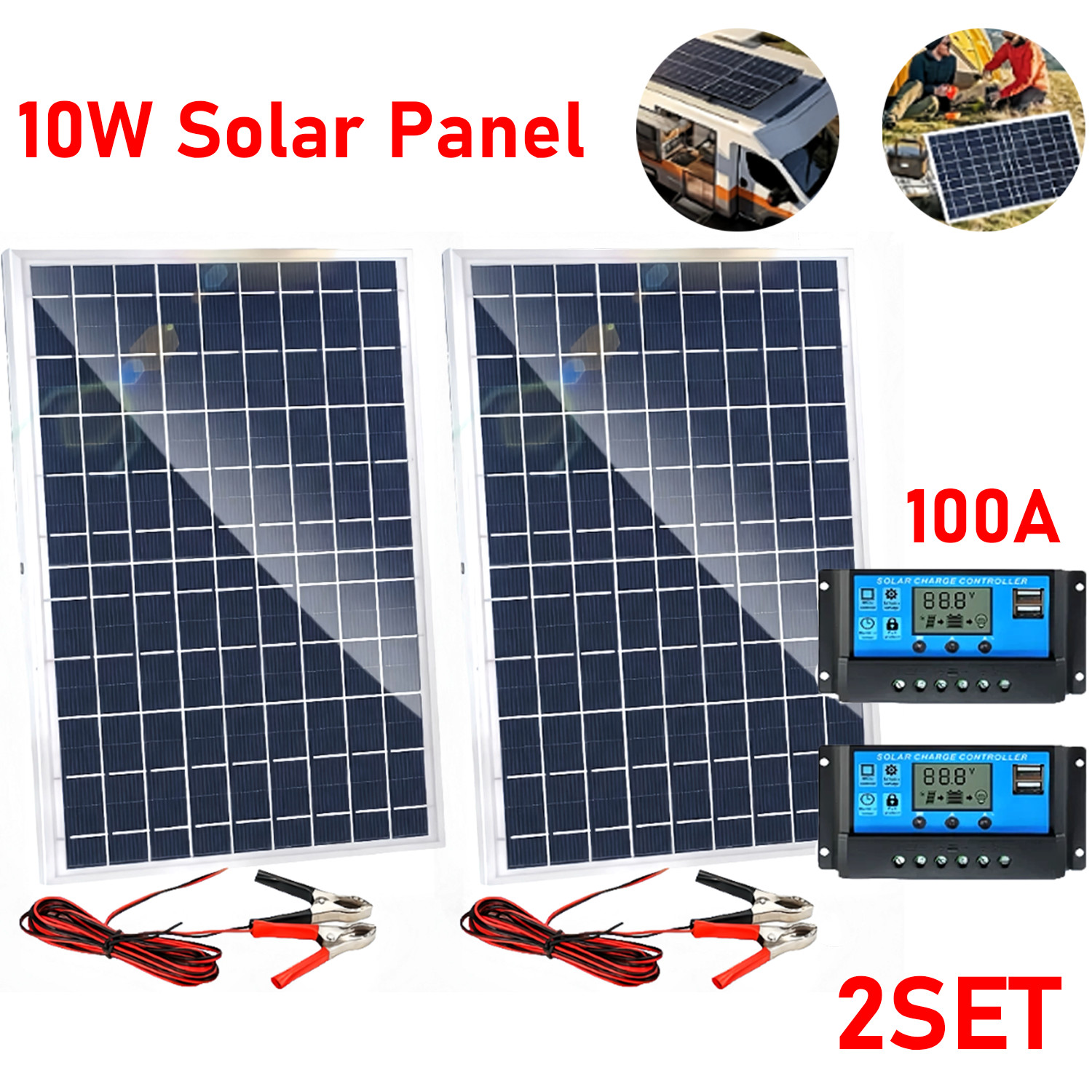 2X 10W Solar Panel 12V Solar Battery Trickle Charger 100A Controller Maintainer