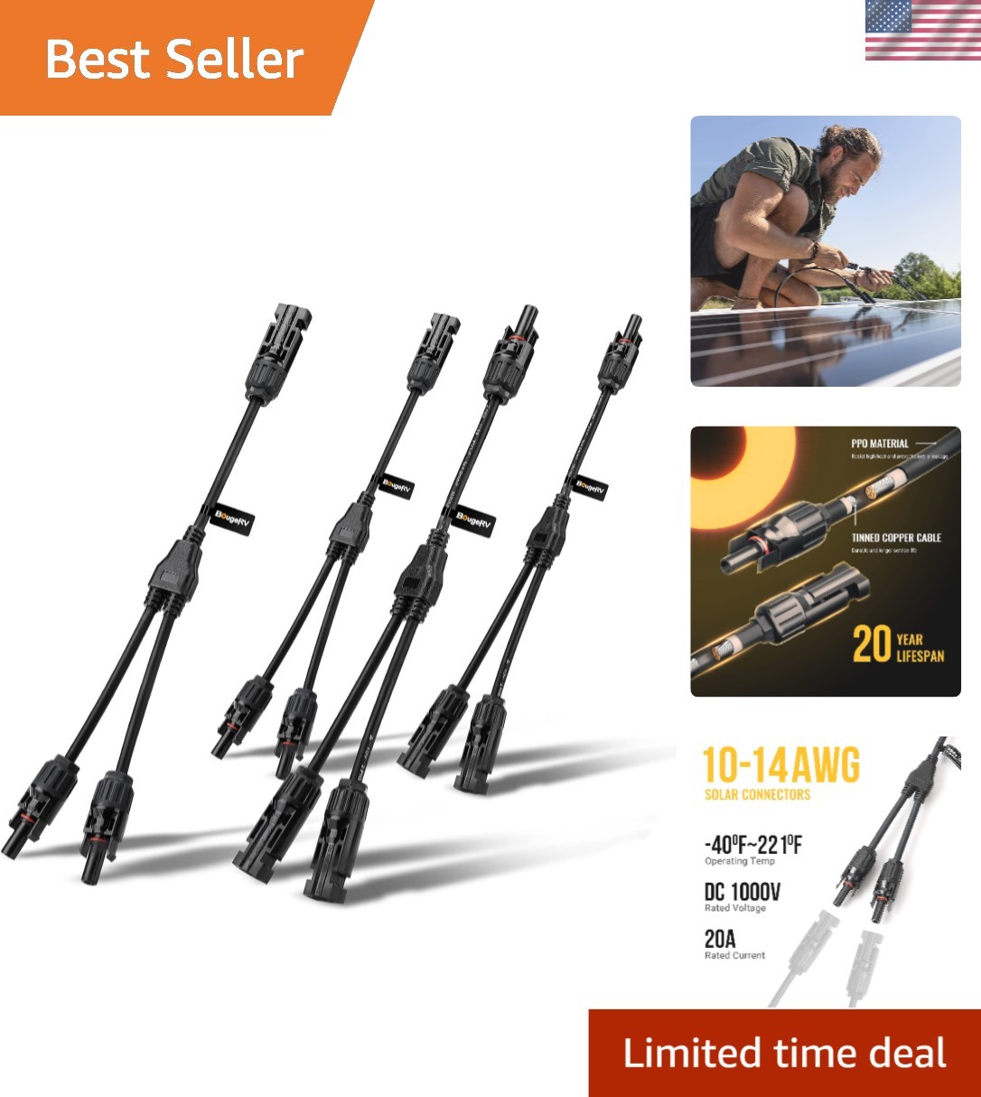 High-Efficiency Solar Connectors – 2 Pairs for 1000V Systems with Easy Assembly