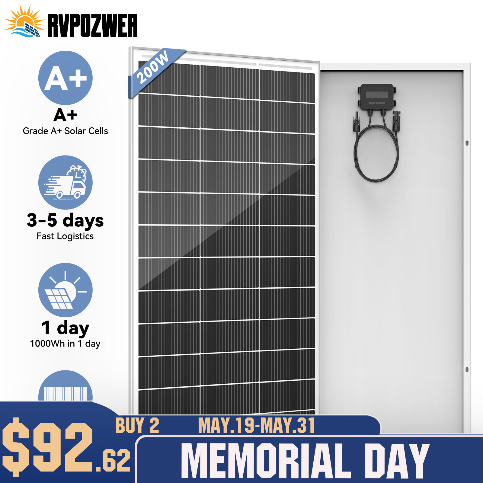 200W 12V Solar Panel Mono 18BB Battery Charge RV PV Home Off-Grid Battery Power