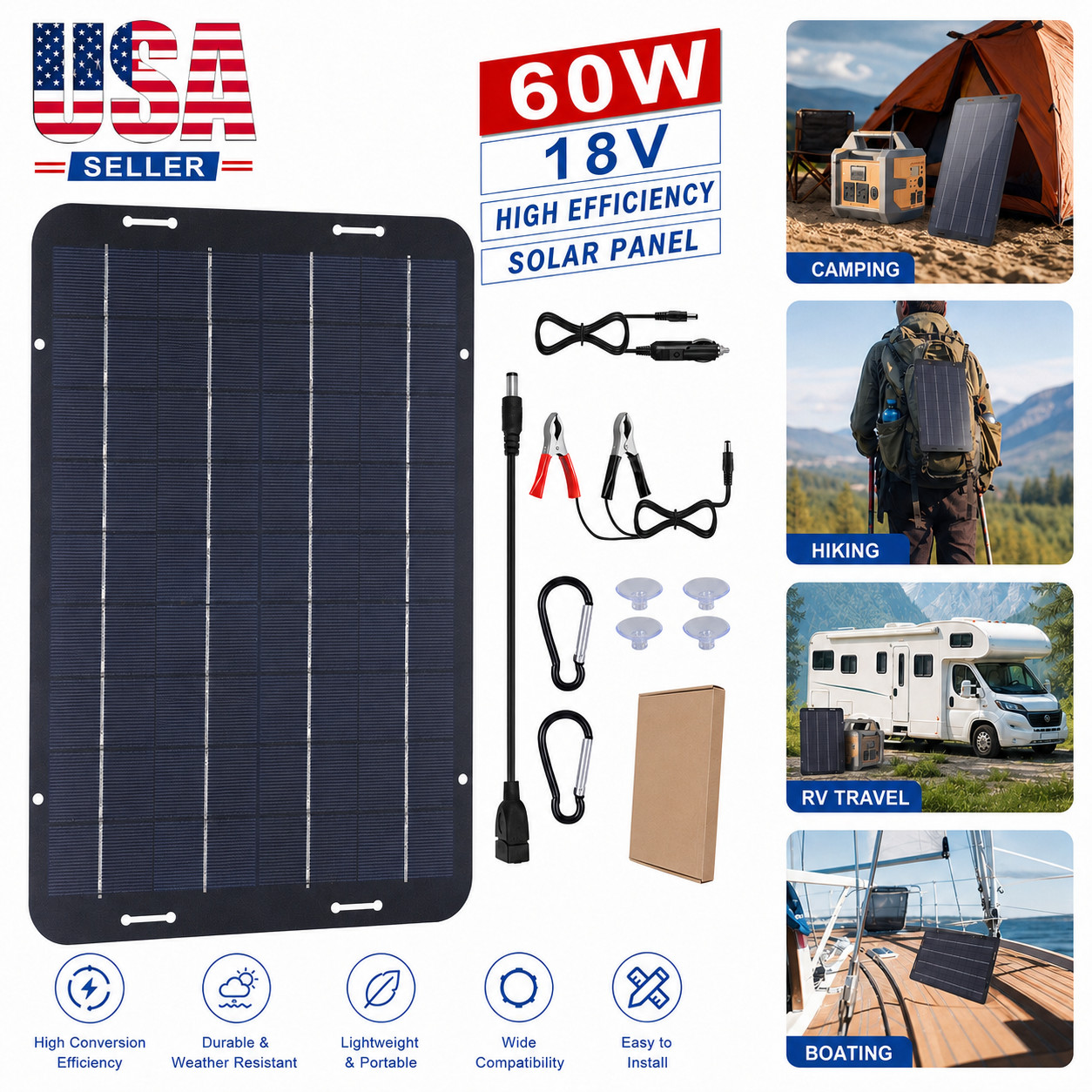 60W Solar Panel 12V Trickle Charger Battery Charger Kit Maintainer Boat Car RV