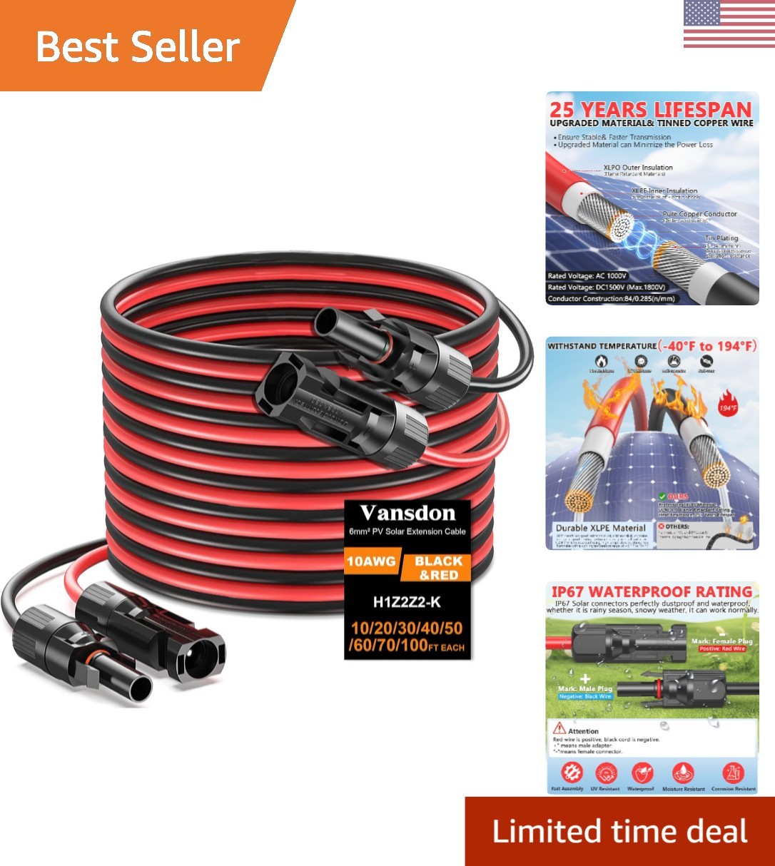 Robust 2x40FT 10AWG Solar Panel Cable for RV, Boats & PV Systems with Connectors