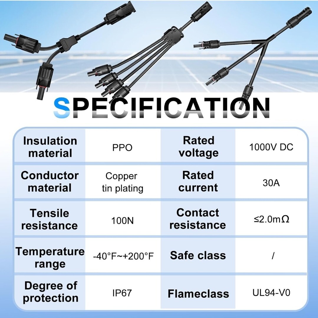 2 Y Branch Connectors Parallel for Solar Panel 1 to 4 (M/FFFF + F/MMMM)