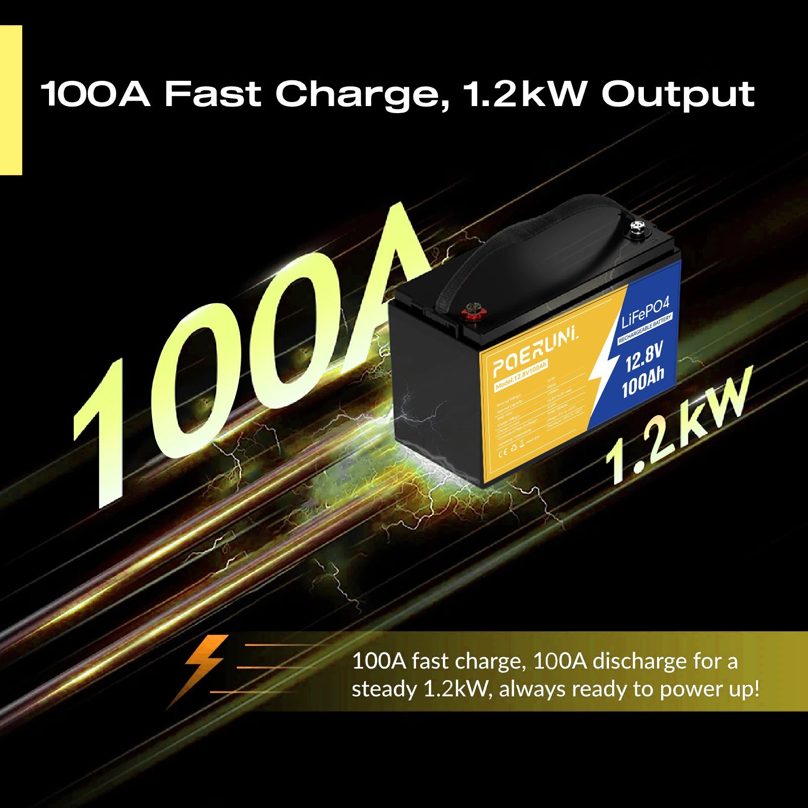 POERUNI 12V 100Ah LiFePO4 Lithium Battery Deep Cycles With BMS 100Ah for Marine