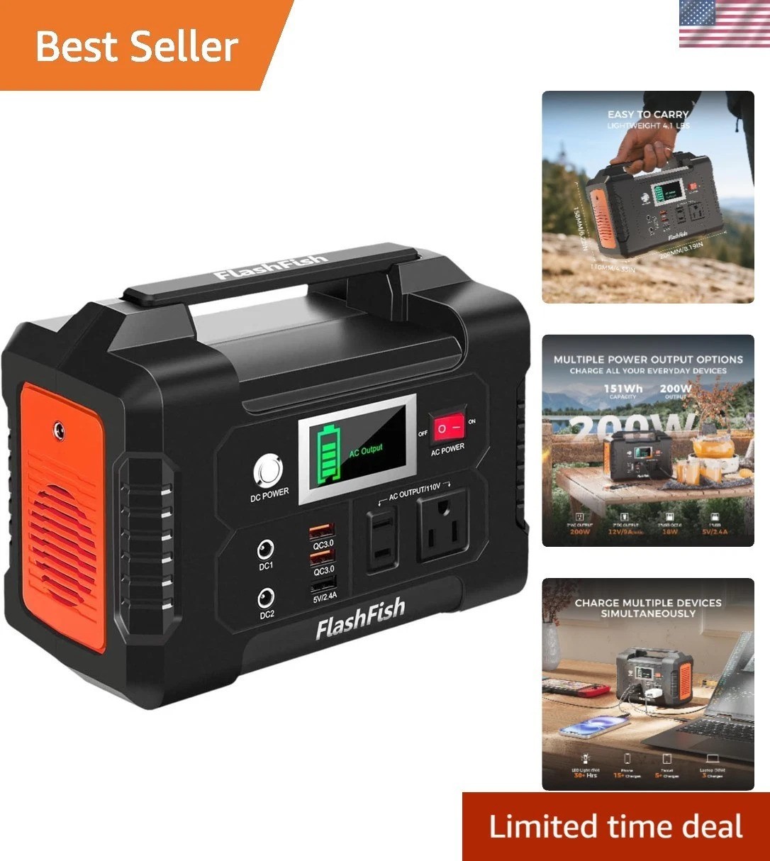 200W Portable Power Station – 40800mAh Battery Pack with 6 Outputs for Camping