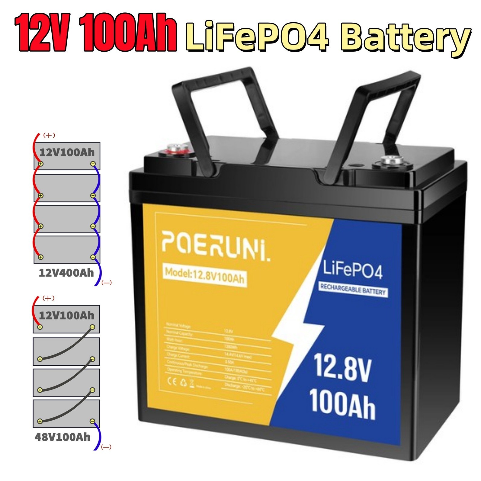 12.8V 100Ah LiFePO4 Lithium Battery + Charger 14.6V 20A for RV Off-Grid 100A BMS