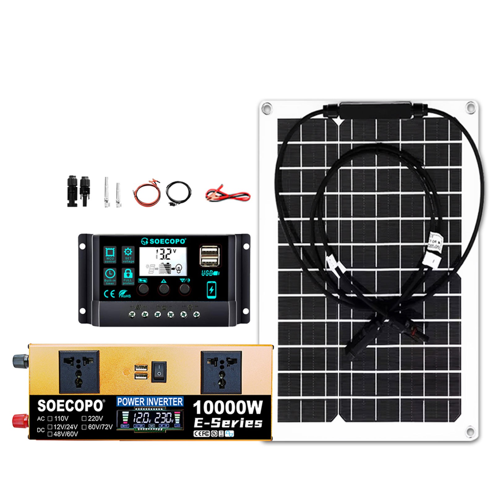 10000W Solar Power System Kit, 12V24V to 110V/220V Inverter Flexible Panel