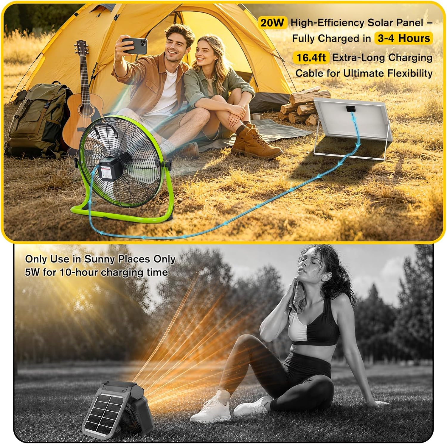 16″ Solar Powered Fan with 20W Solar Panel & Rechargeable Battery, Portable, Qui