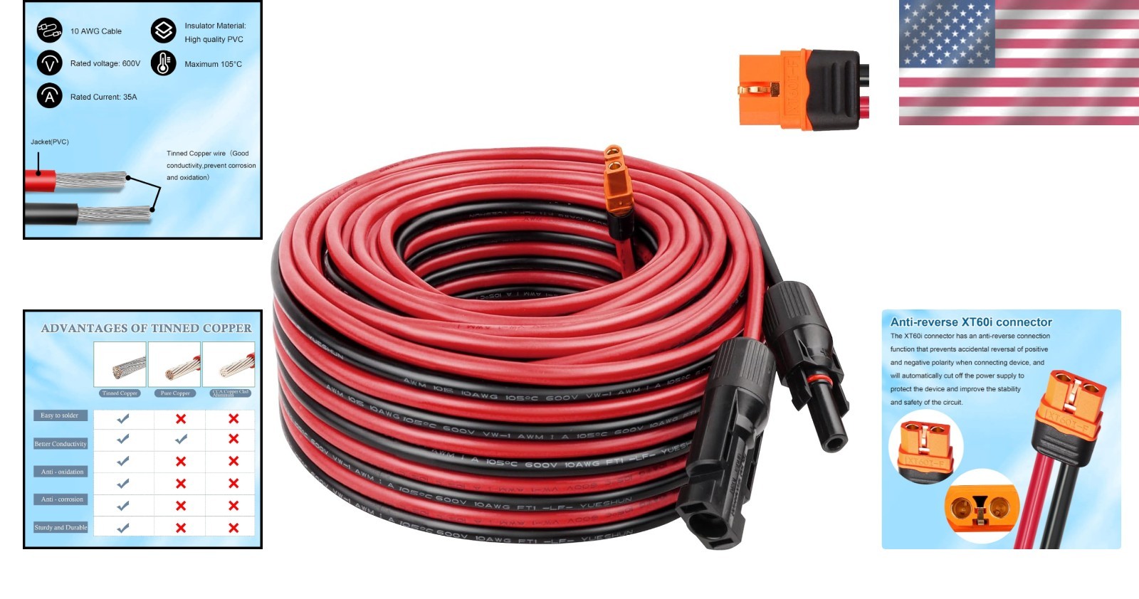 10AWG Solar to XT60i Cable 50FT – Low Loss