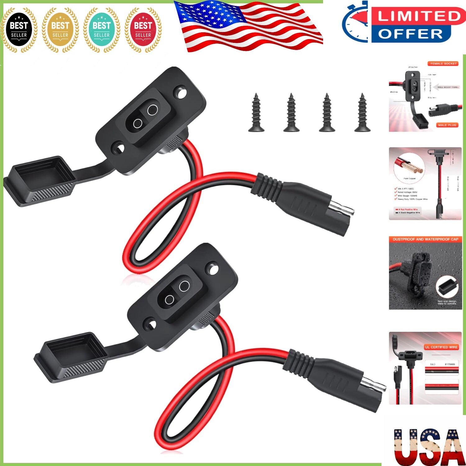 Weatherproof 12AWG SAE Connector Power Socket for Solar & Battery Applications