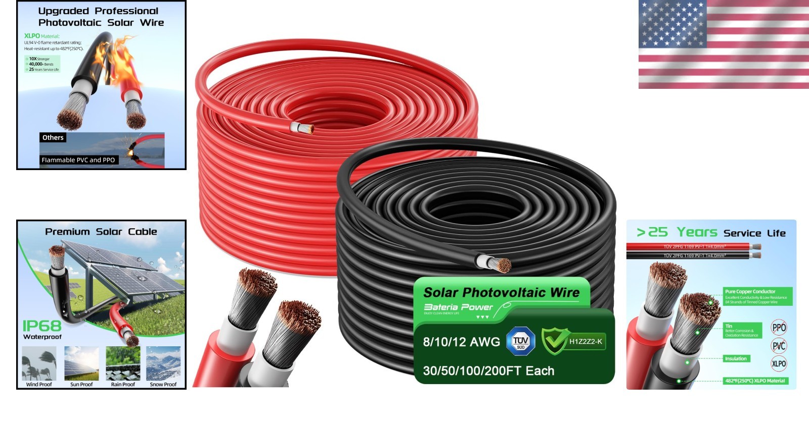 100ft Solar Panel Extension Cable 10AWG 6mm² Tinned Copper PV Cable Solar Wire