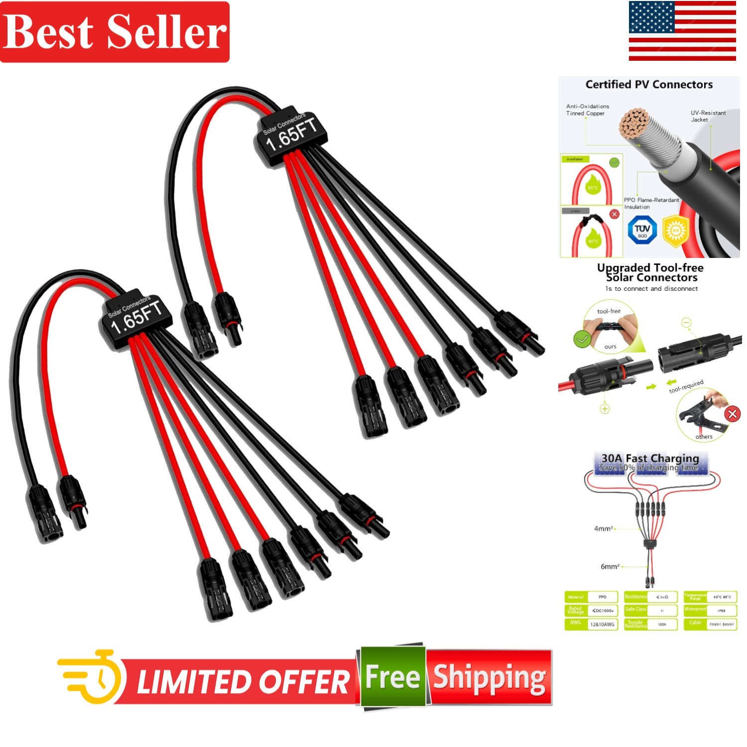 Dual Pack Solar Panel Wires – Reliable 2 to 6 Connection, Easy Install & Durable