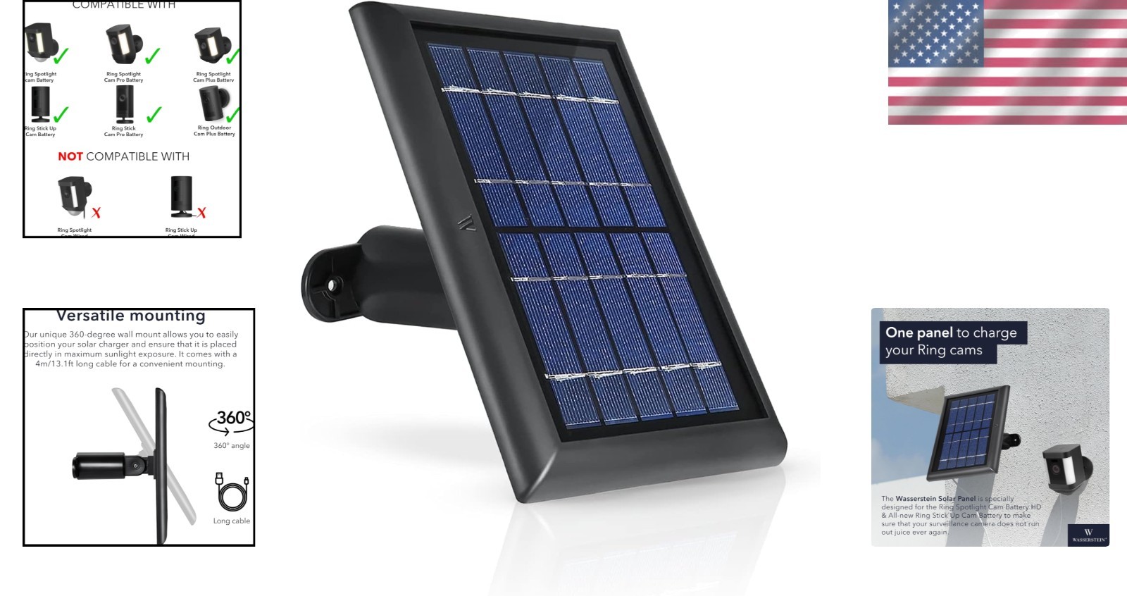 1-Pack Versatile Solar Panel for Ring Surveillance Cameras – Black, Quick Setup