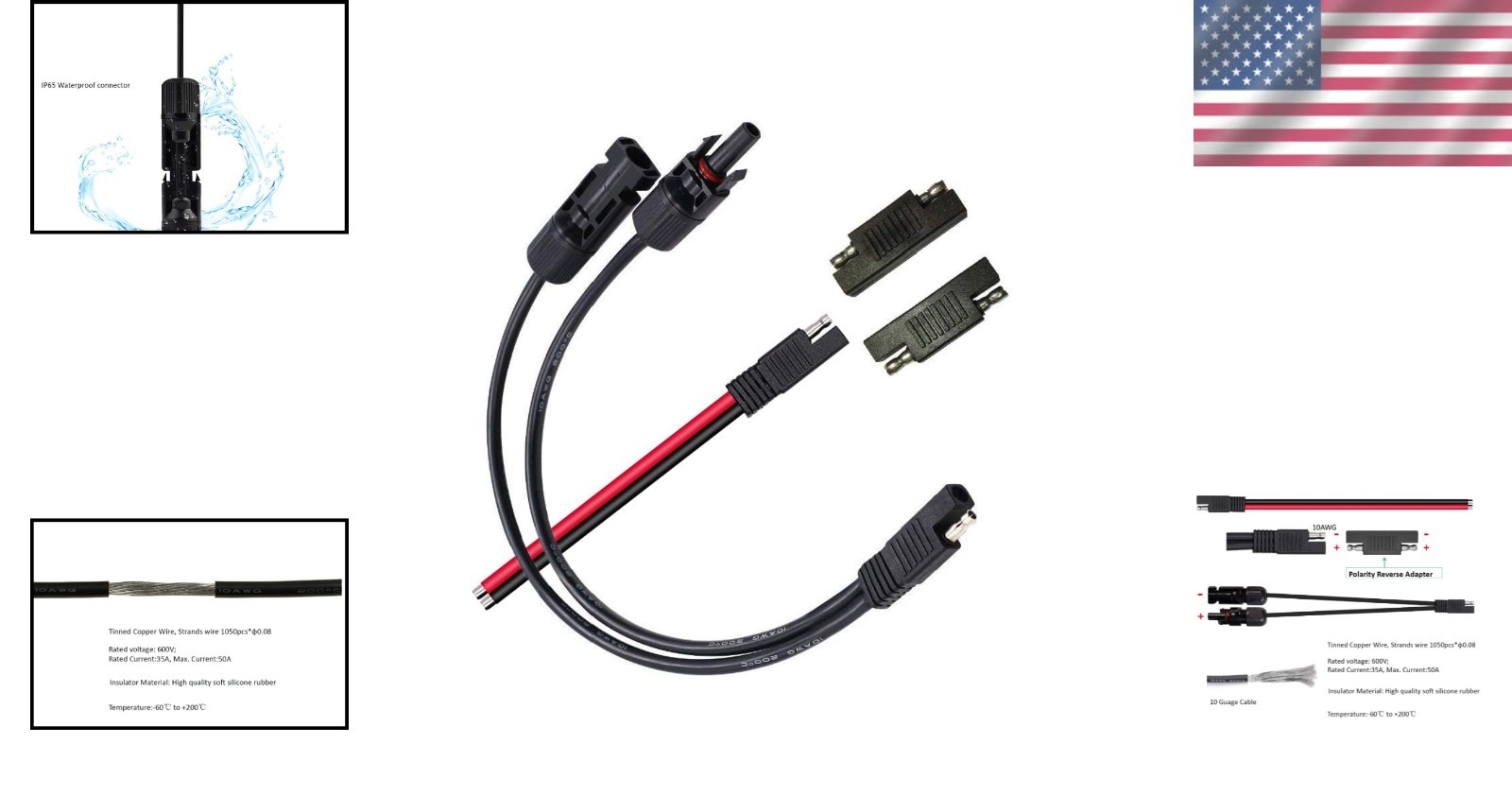 10AWG Tinned Copper Solar Cable with Polarity Adapters for Easy Connectivity