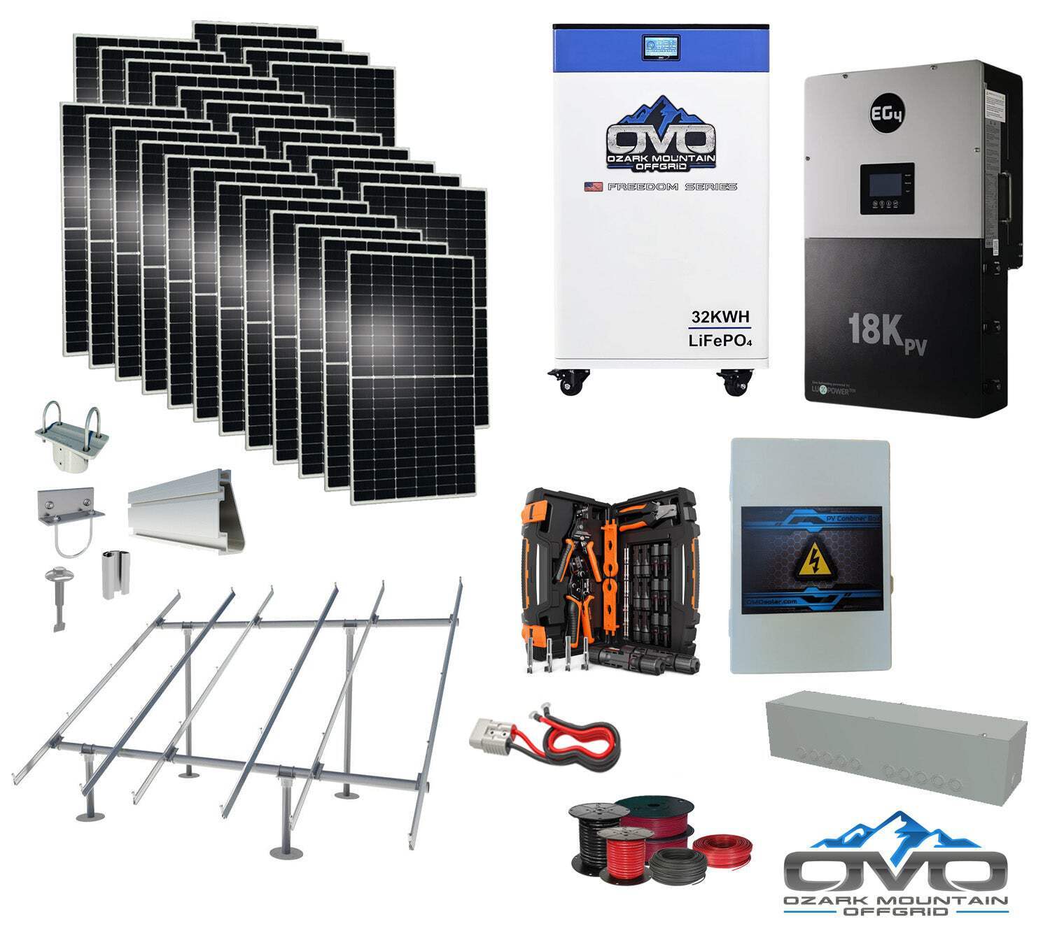 15KW Complete Offgrid Solar Kit + EG4 18kPV + 32KW OMO 48V Freedom Series Lithiu