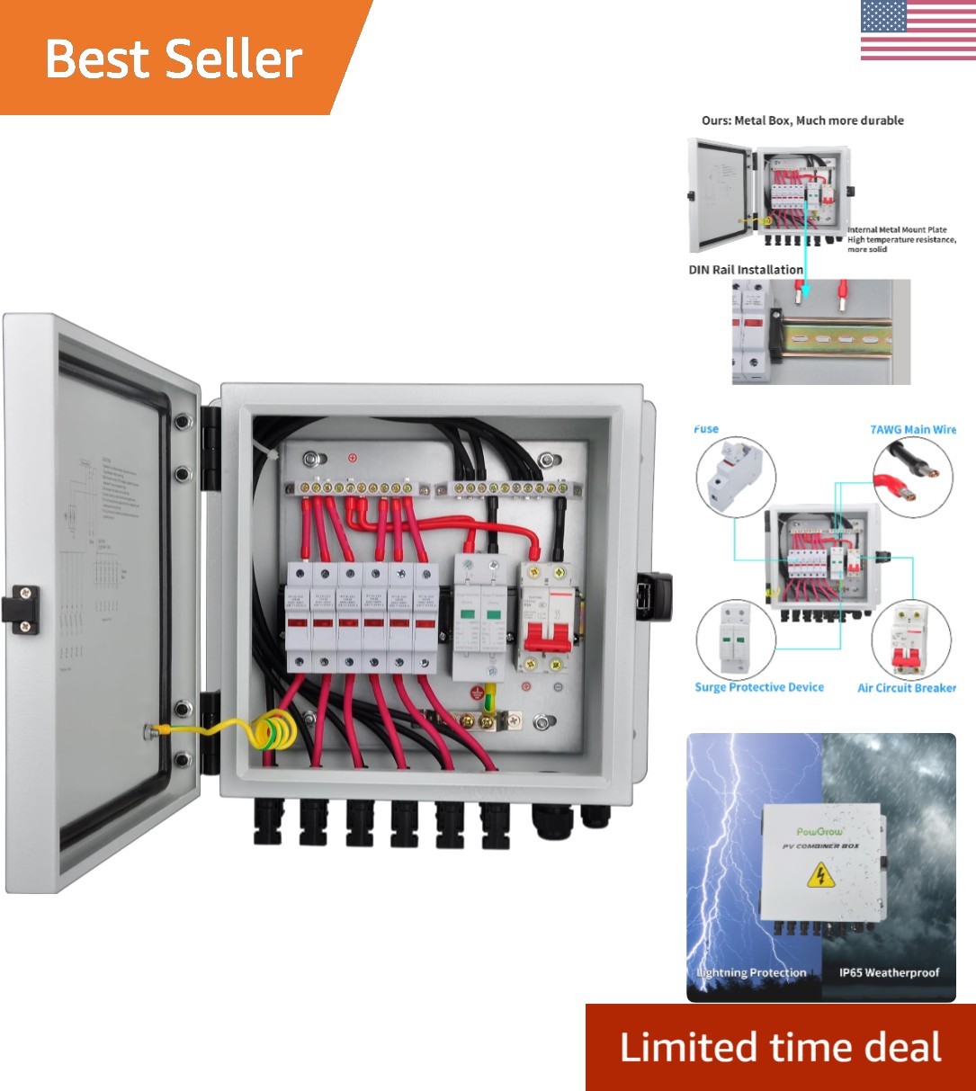 Durable Metal 6 String Solar Combiner Box – Safety Enhanced with Circuit Breaker