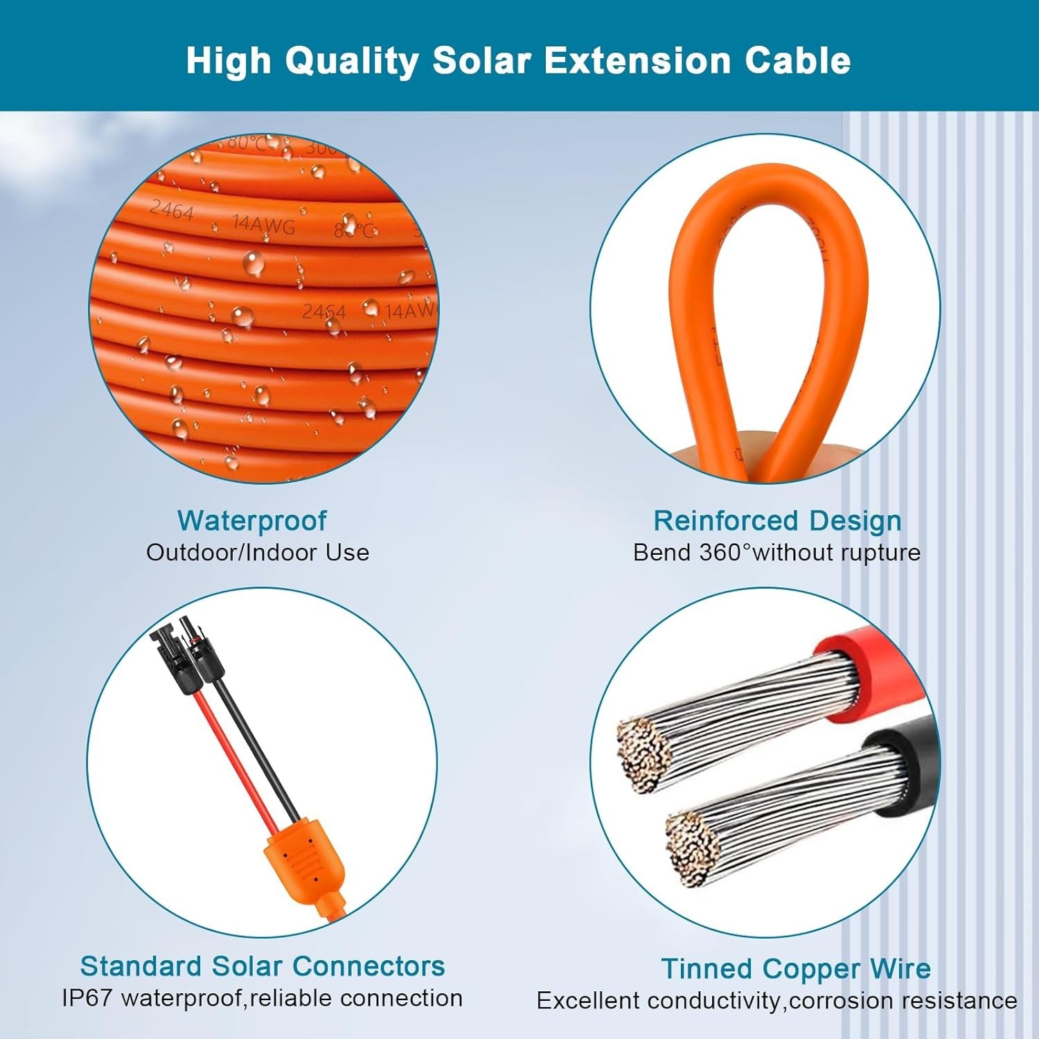 Solar-Panel Extension Cable 50FT – 10AWG+14AWG Solar Wire with Connector