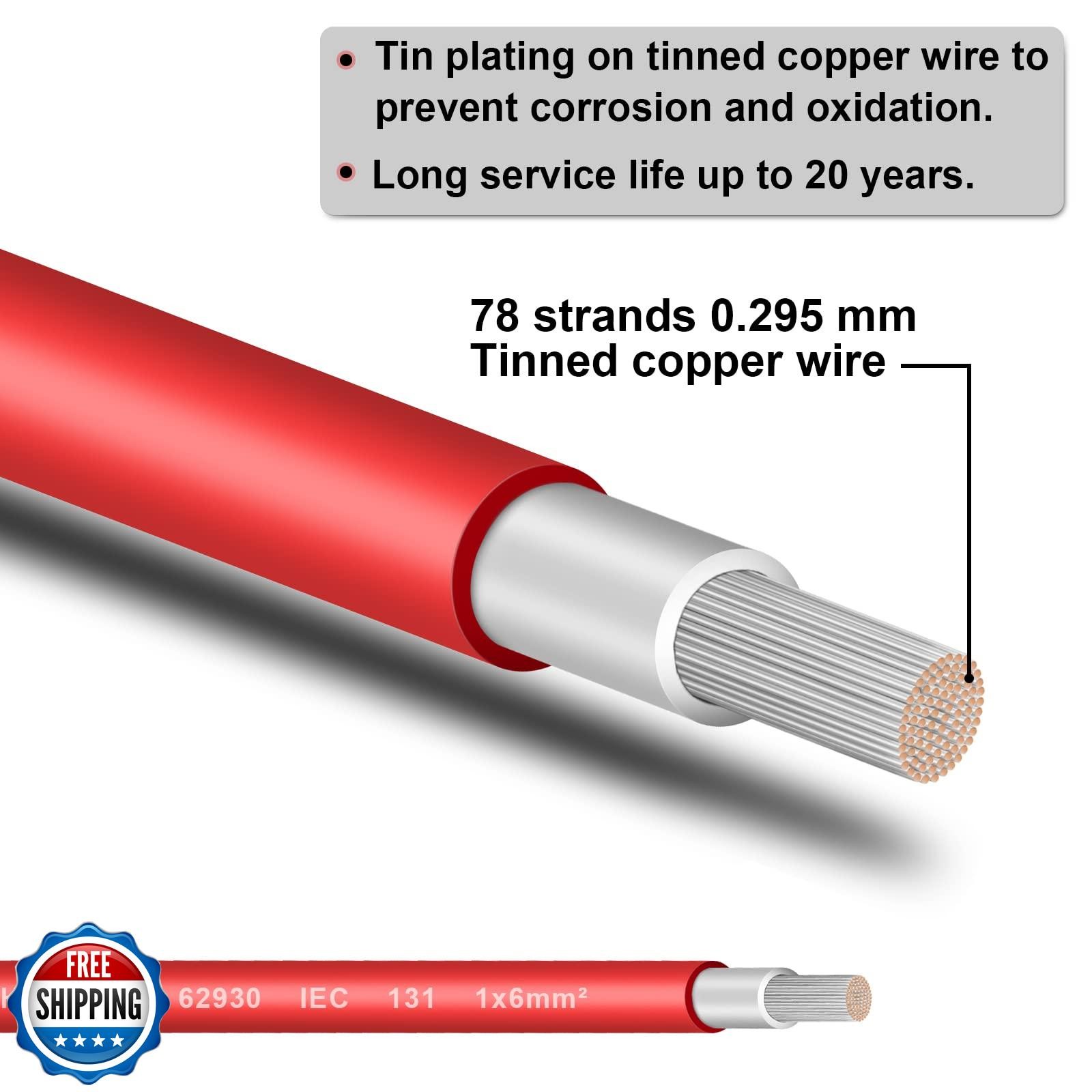 Shirbly Solar Panel Wire – 80FT Red Tinned Copper Wire, 10AWG (6mm²) PV Wire