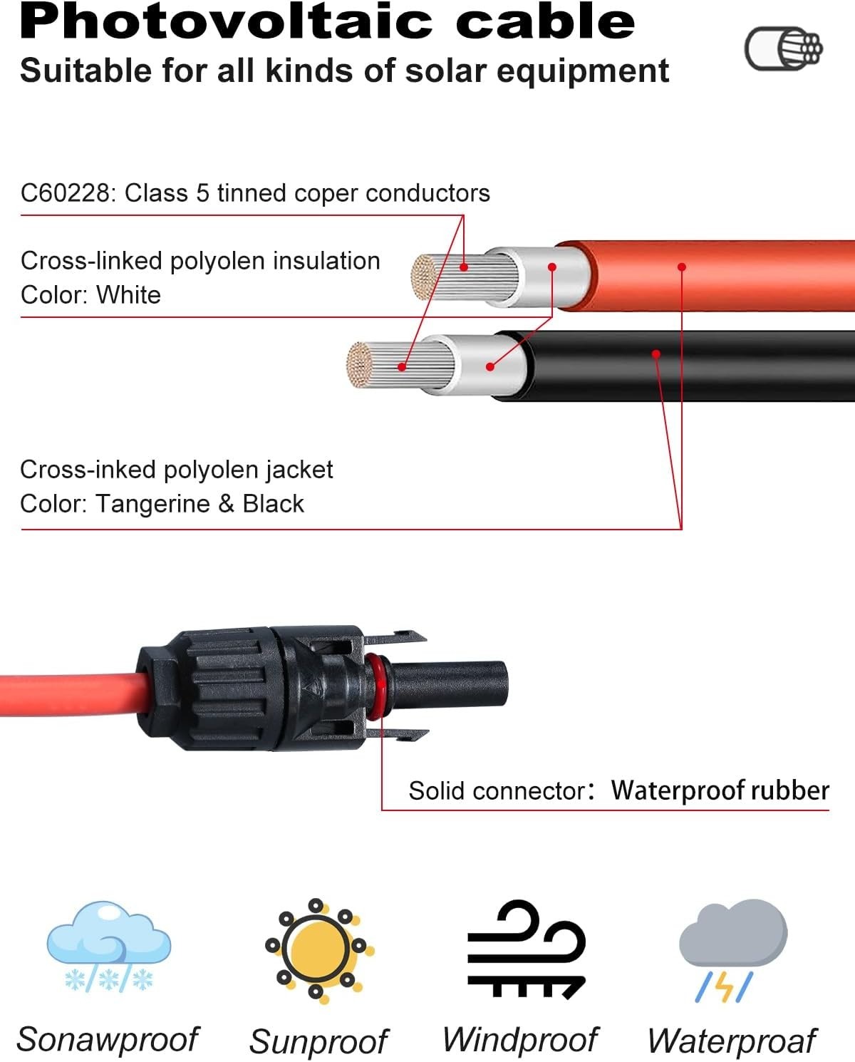 12AWG Solar Panel Extension Cable 20FT/6M 4mm² with Female and Male Connector So