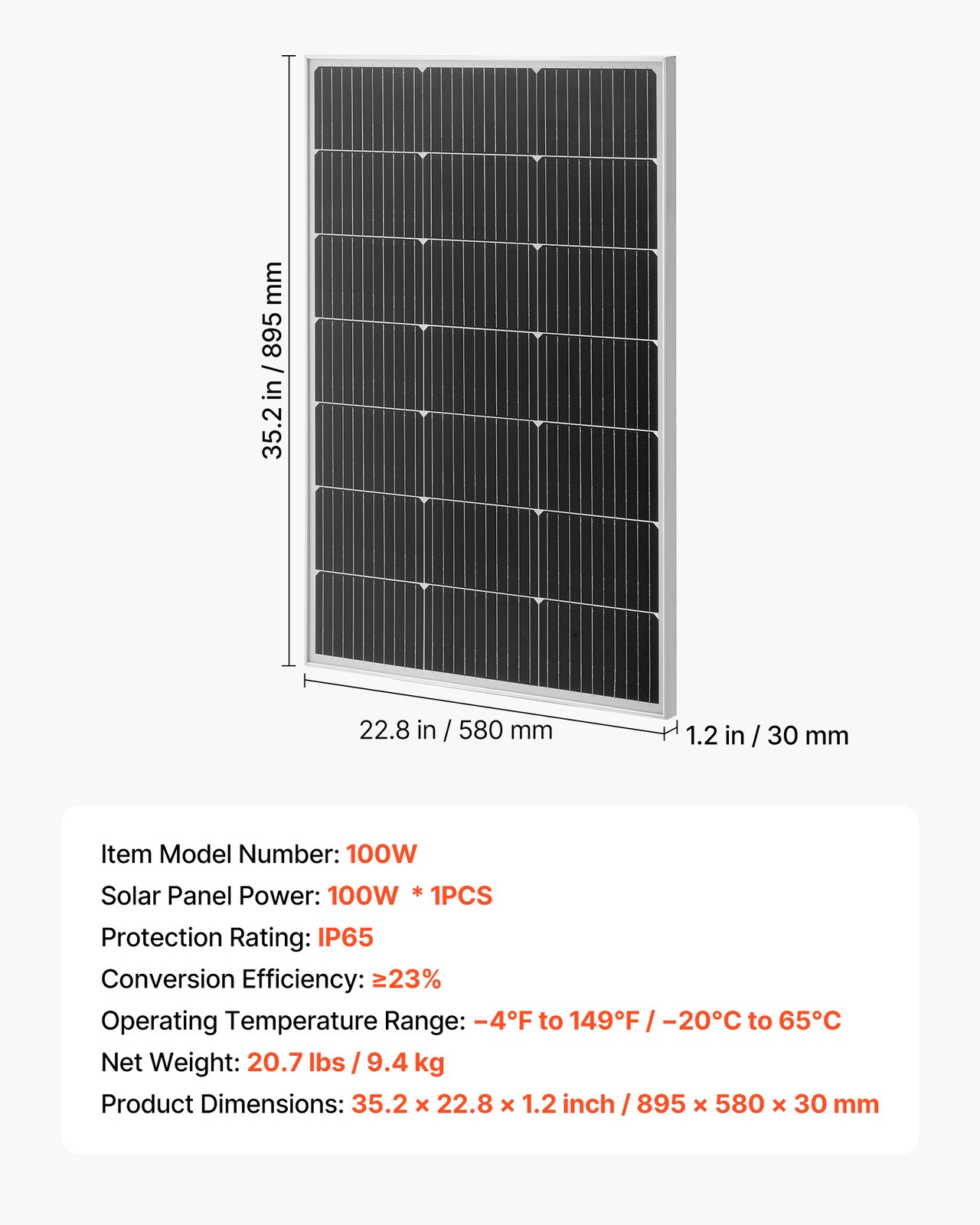 VEVOR 100W Monocrystalline Solar Panel High-Efficiency PV Module Solar Panel