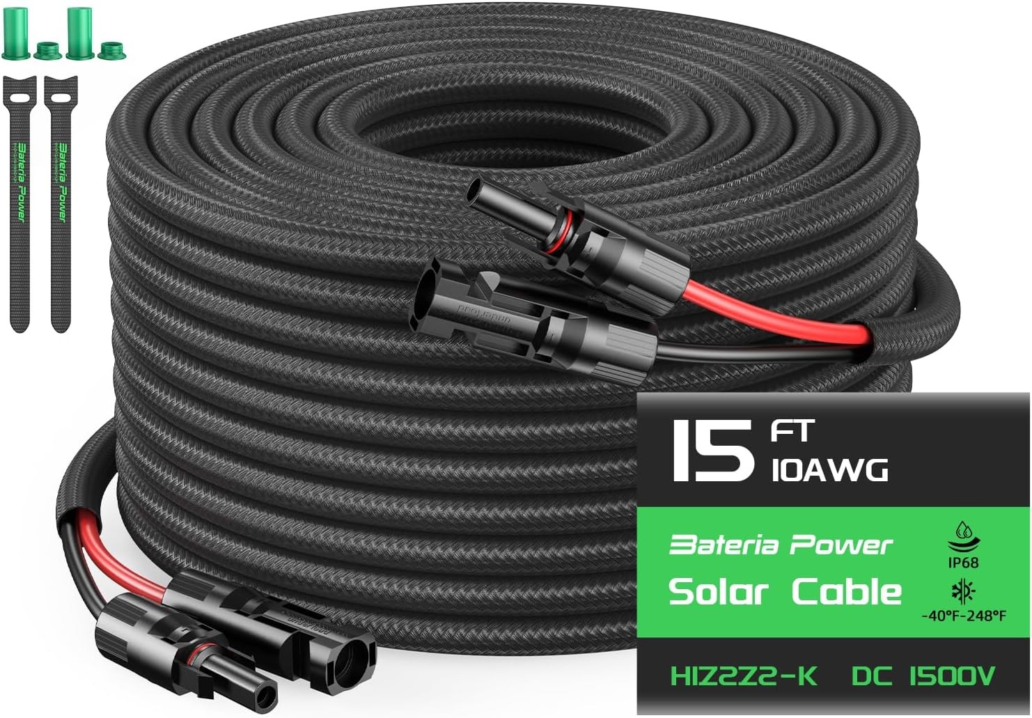 15FT Twin Wire Solar Panel Extension Cable 10 Gauge PV Wire with IP68 Female &