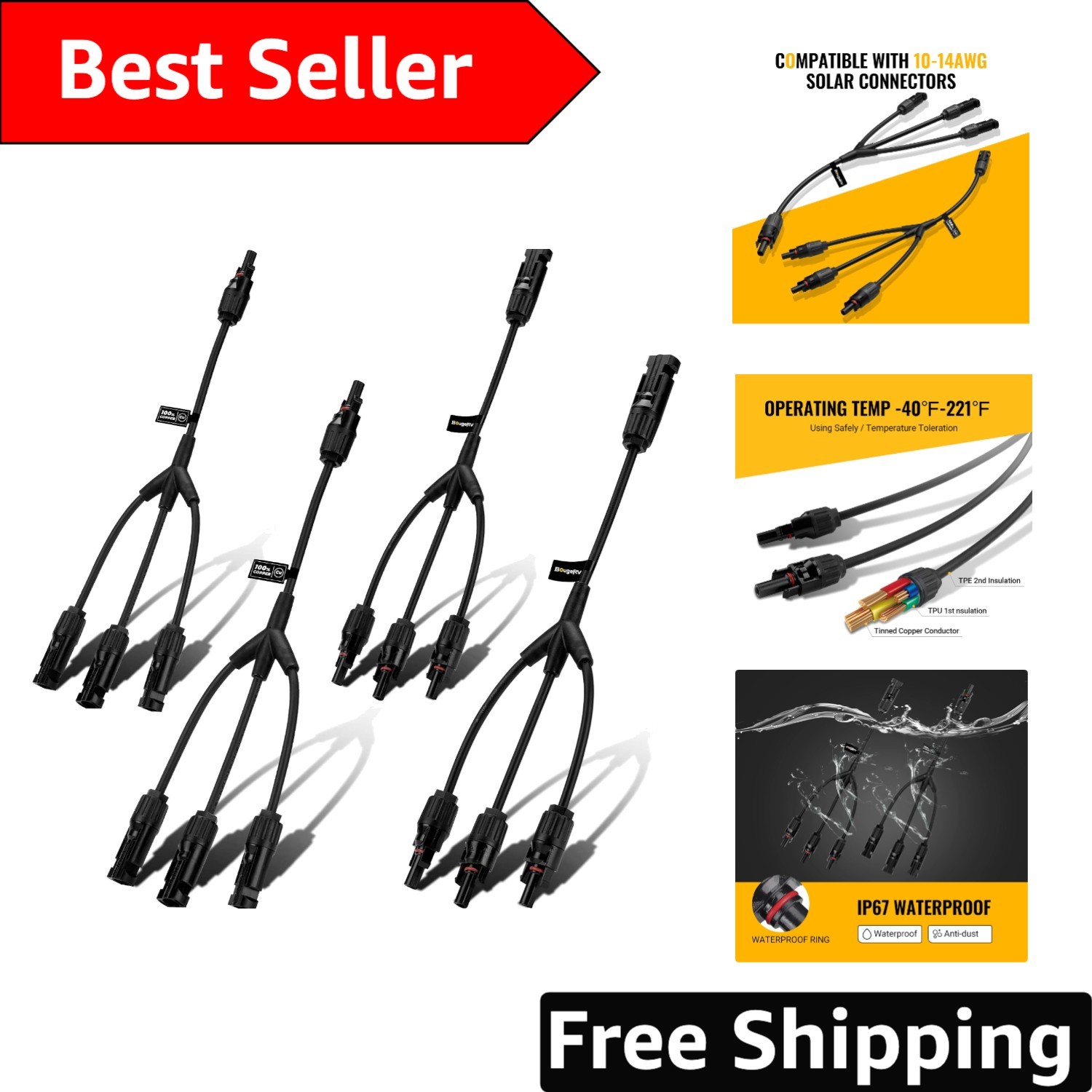 Waterproof Y Branch Solar Connectors – 30A DC1000V Tool Kit, 2 Pairs M/FFF/F/MMM