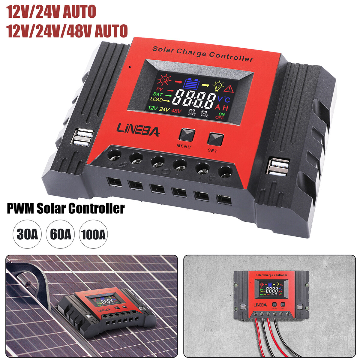 5200W 100A Controlador de carga solar 12V/24V/48V LCD Regulador de panel 4 USB