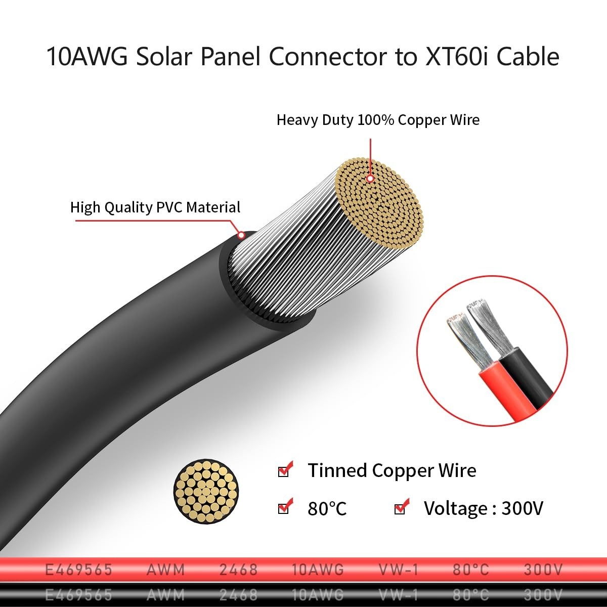 25FT 10AWG Solar Connector to XT60i Adapter Cable for Portable Power Station