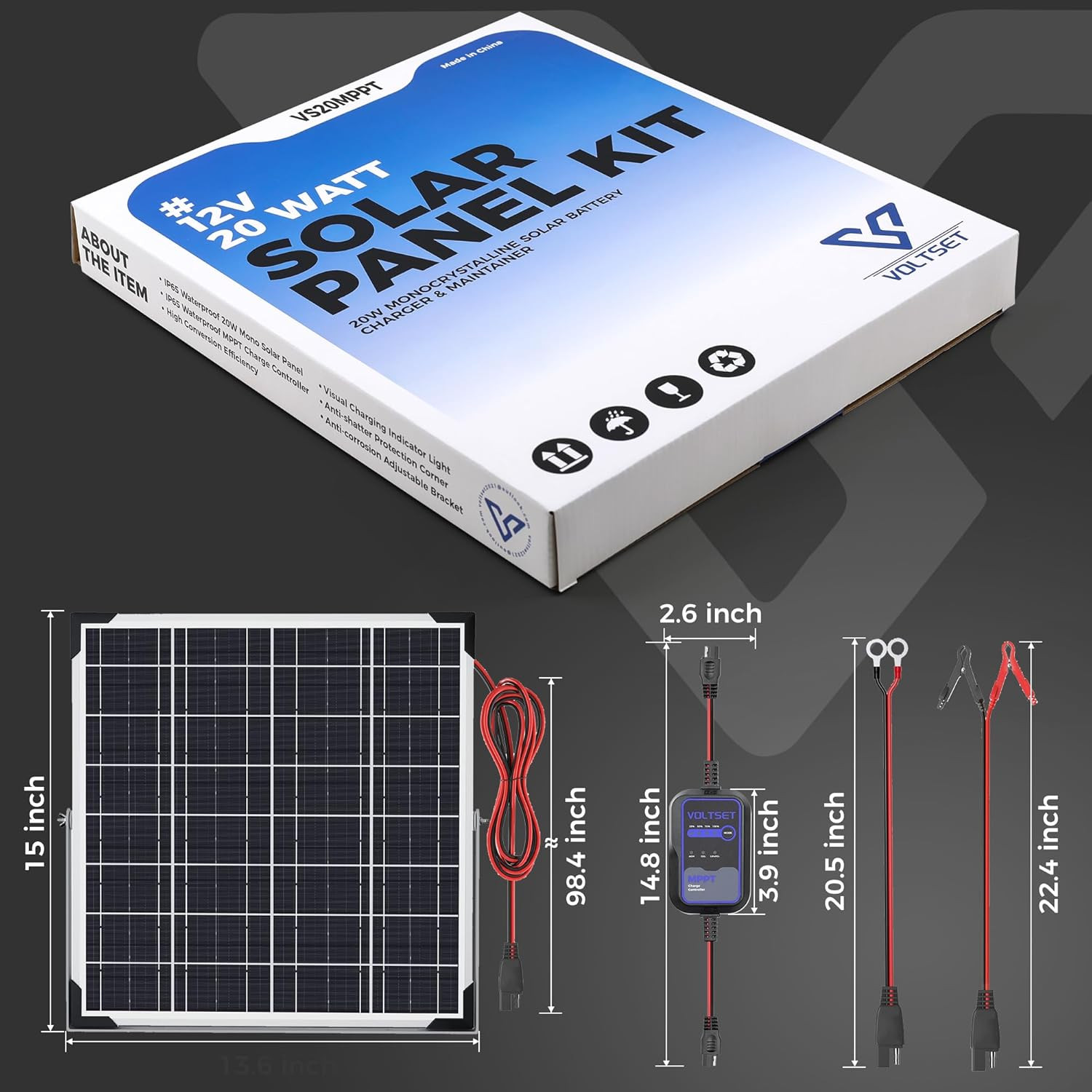 Solar Panel Kit 20W 12V with MPPT Controller, Solar Battery Trickle