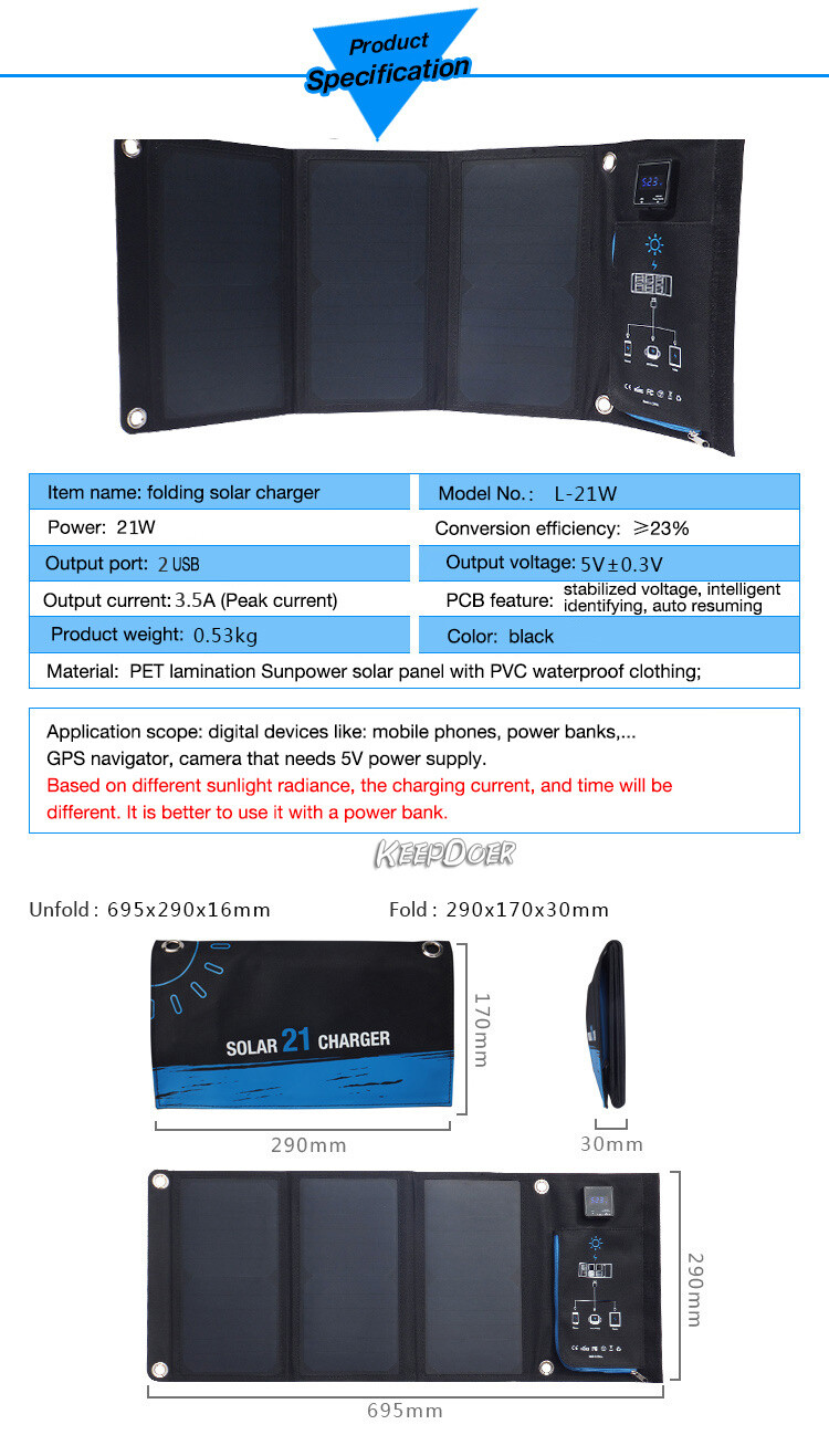 21W Outdoor Portable Folding Solar Panel Charger Power Supply For Mobile Phone