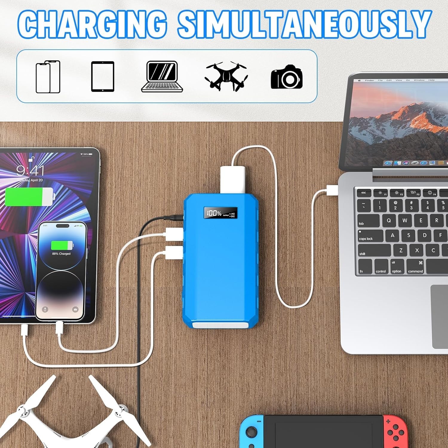 Rechargeable Power Station 24000mAh Solar 65W AC Outlet 110V Camping Source
