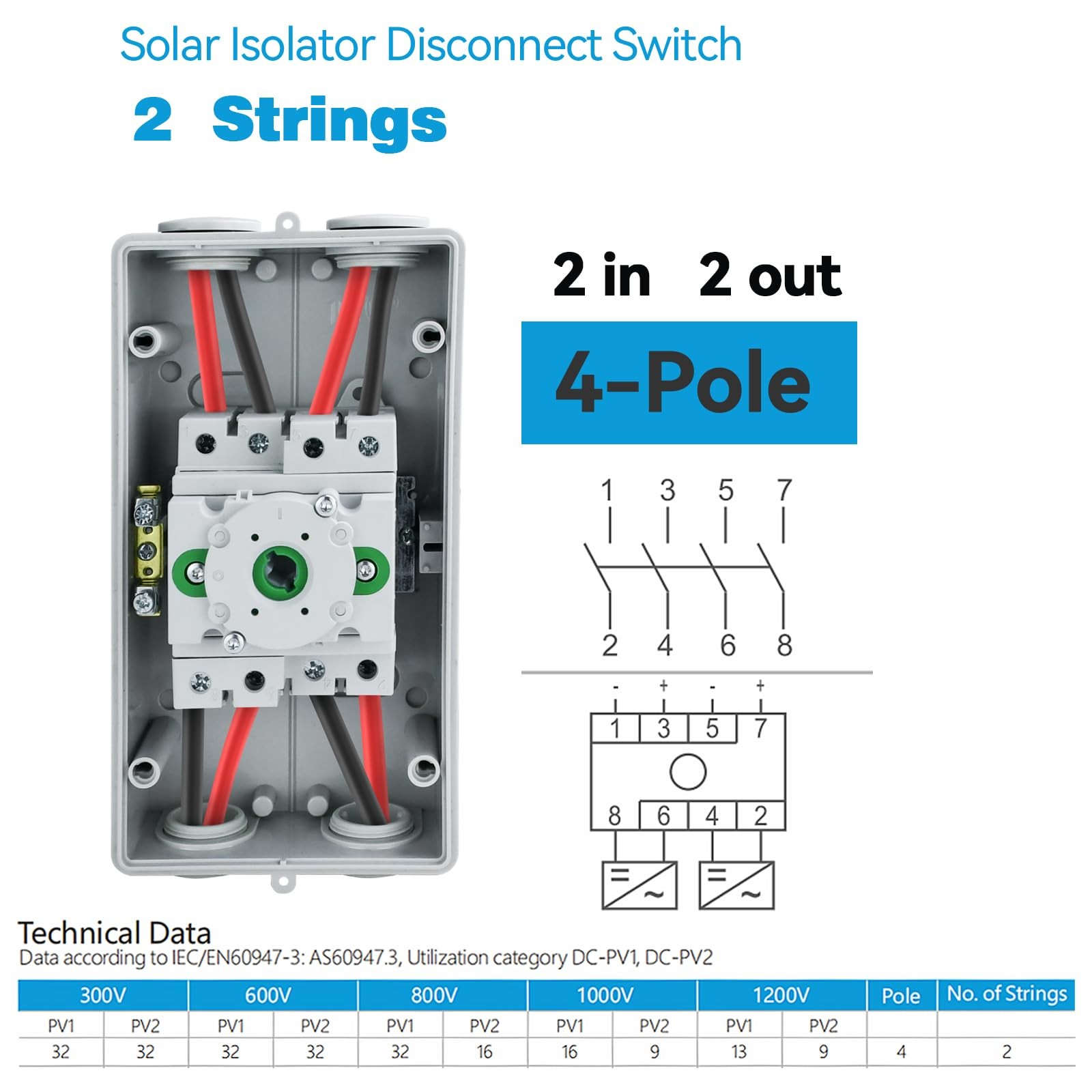 Solar Disconnect Switch 4-Pole DC 1500V 32A Isolator Solar Switch with Enclos…