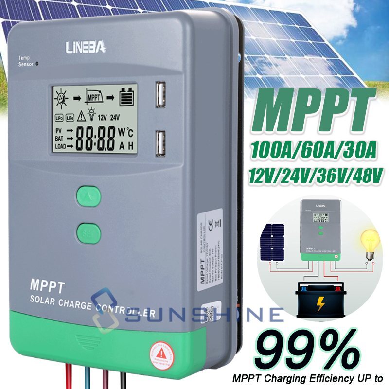 10-100A Solar Charger Controller MPPT&PWM Dual USB Charge Regulator Panel 12/24V