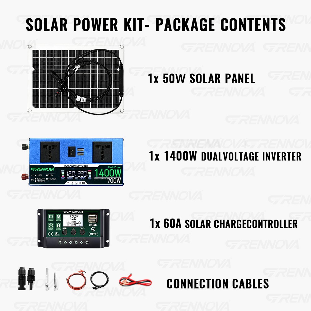 Grennova 1400W Solar System 50W Panel 12/24V To 110/220V Inverter 60A Controller