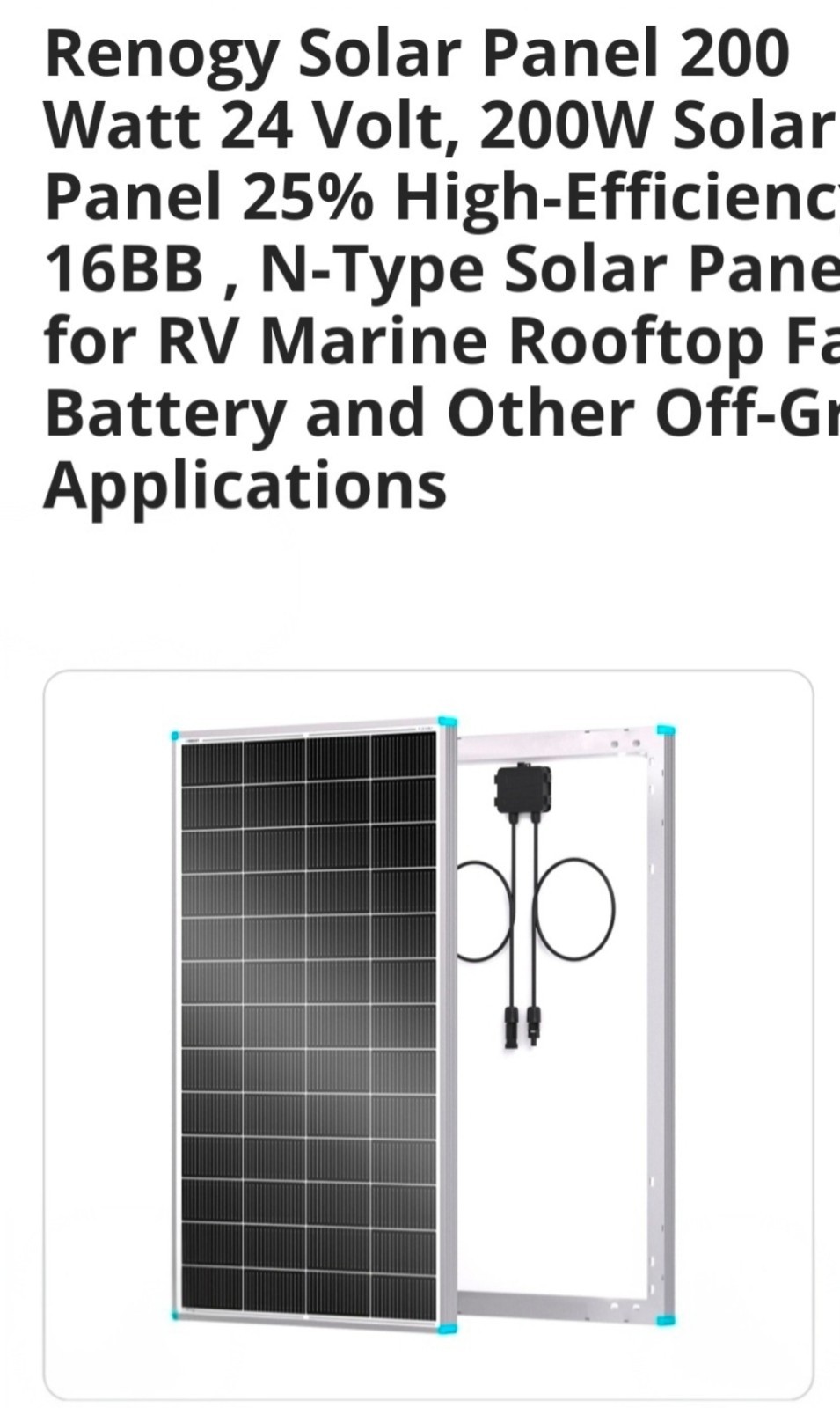 Renogy 200W 24V Monocrystalline N-Type 16BB Solar Panel RV Marine Farm